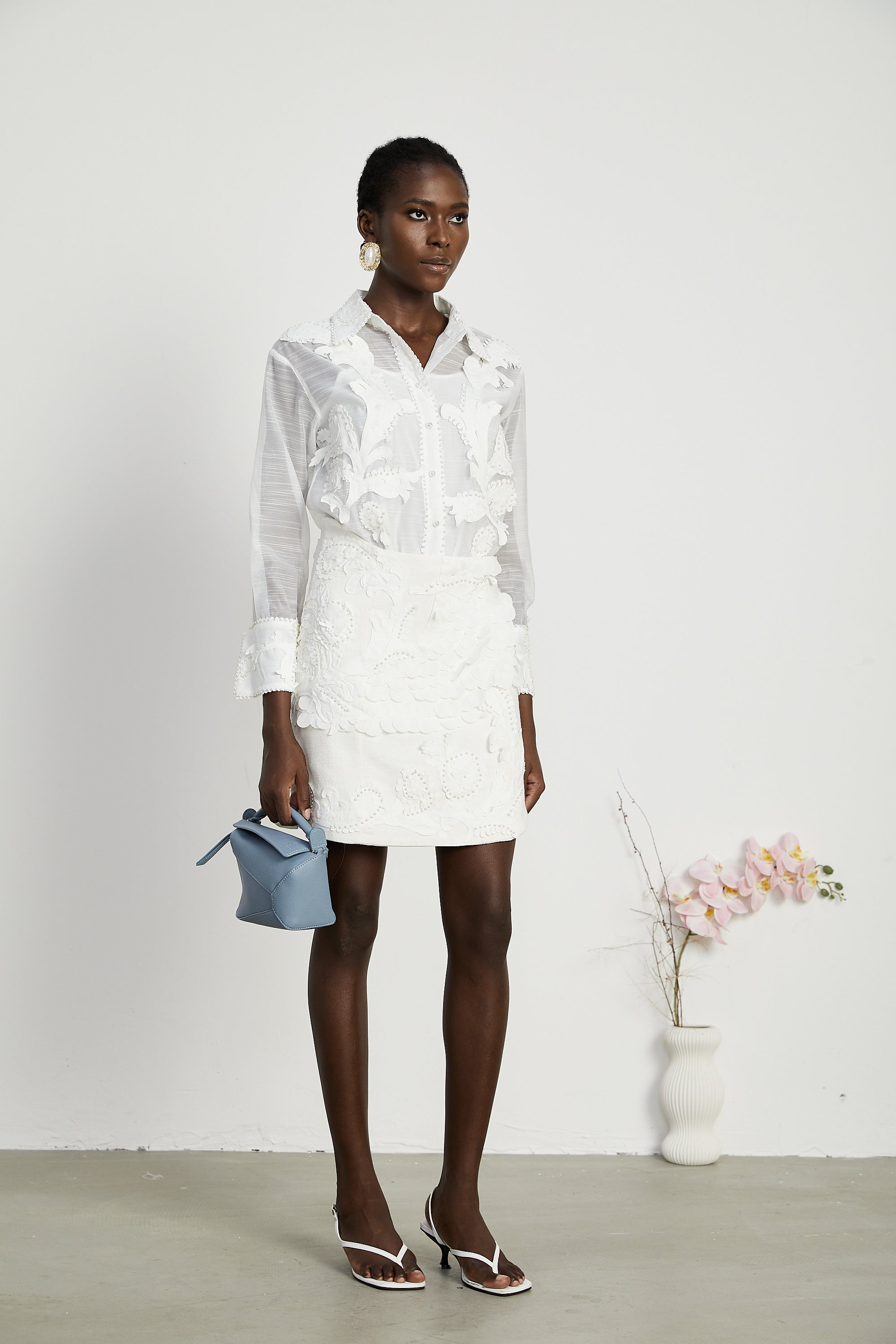 Isabeau lace embroidered shirt & skirt matching set