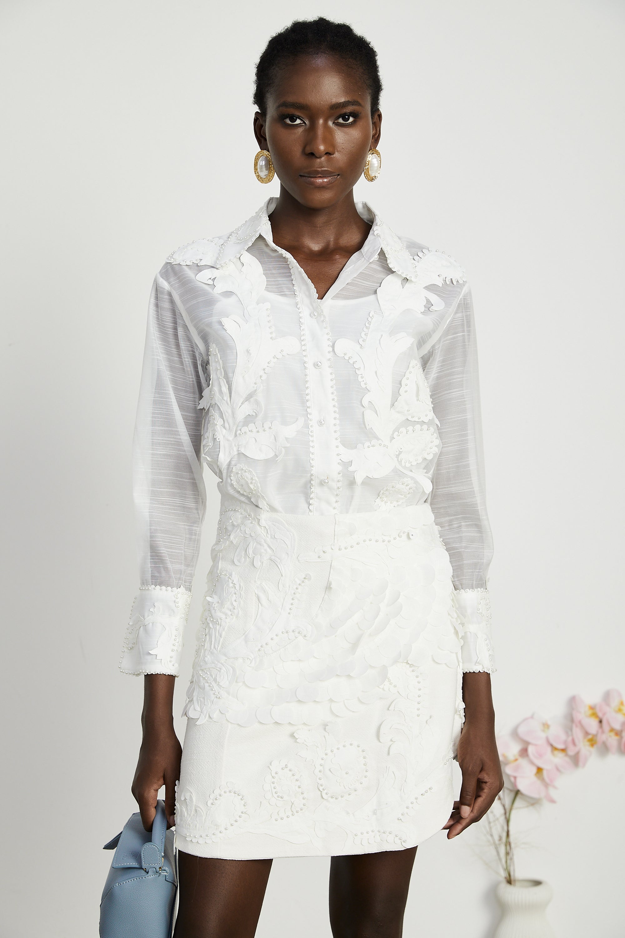 Isabeau lace embroideried shirt & skirt matching set