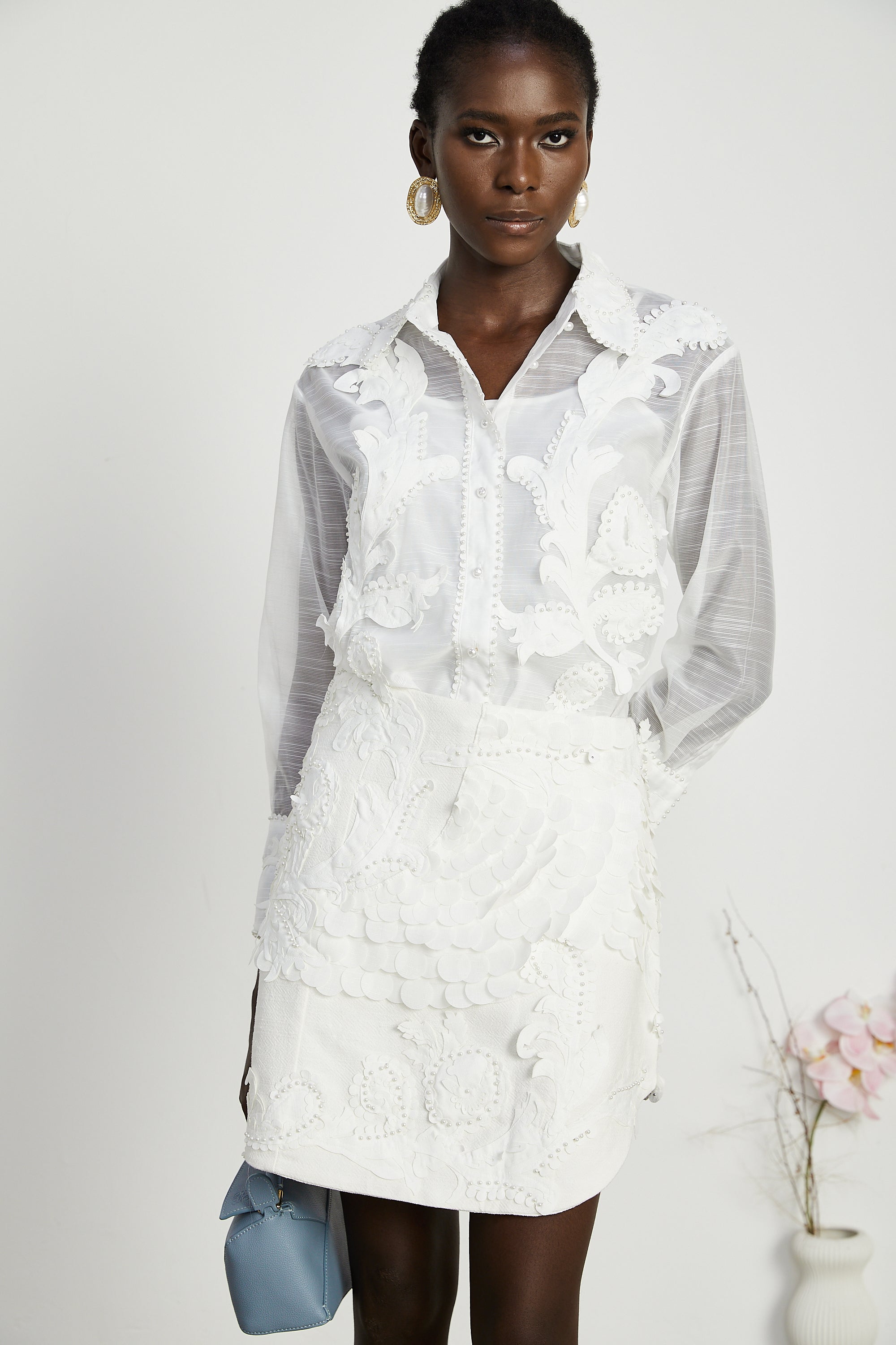 Isabeau lace embroidered shirt & skirt matching set