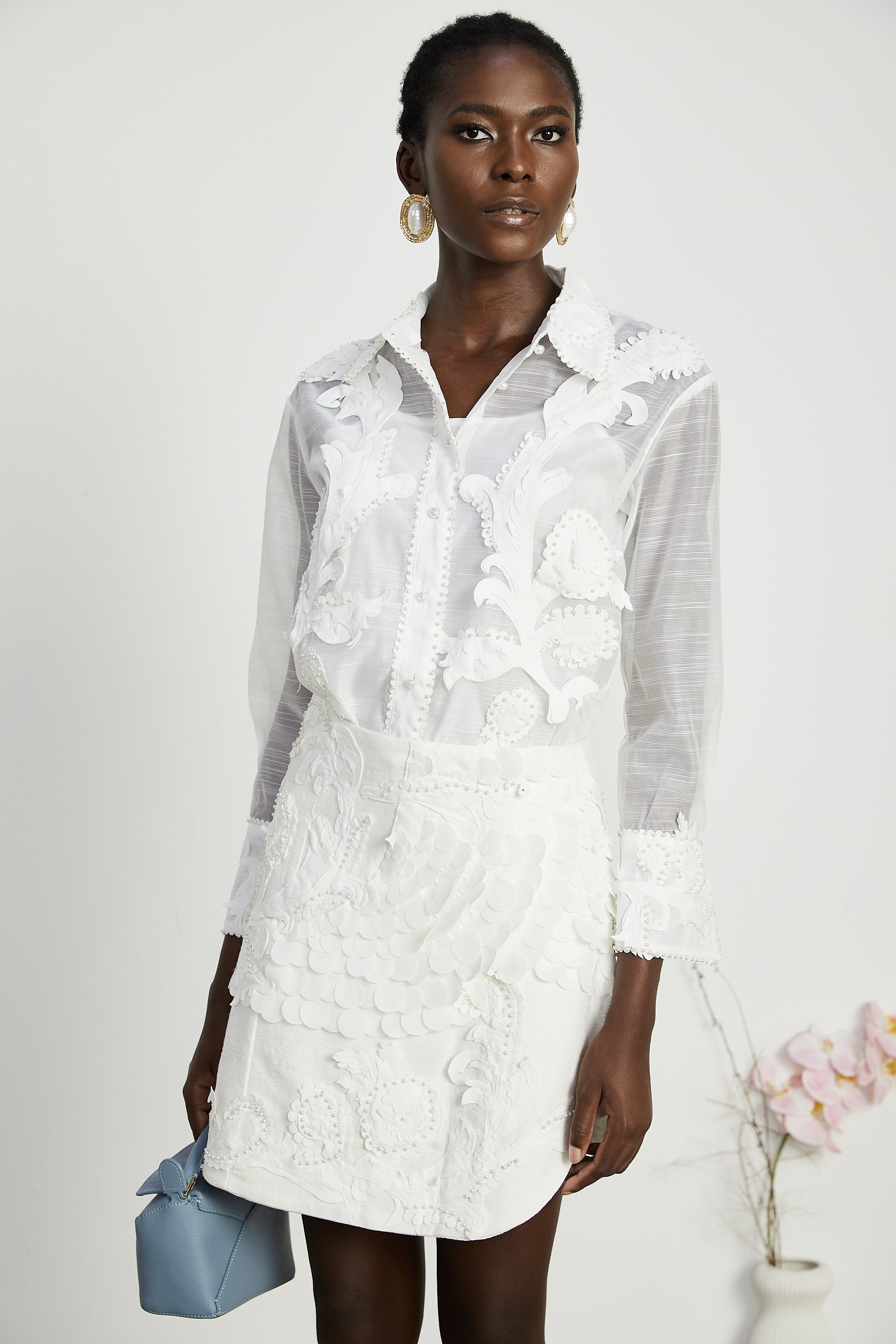 Isabeau lace embroidered shirt & skirt matching set