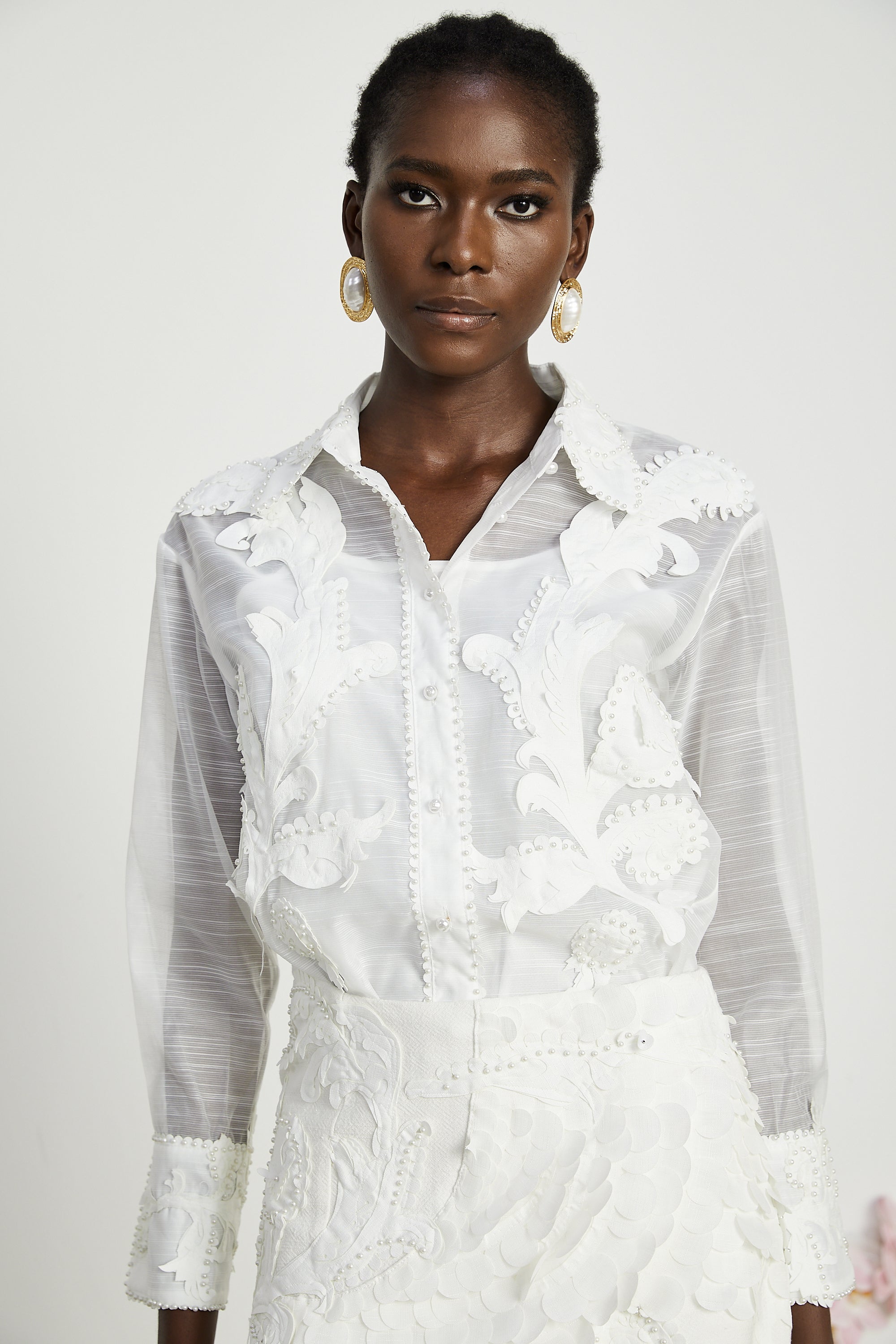 Isabeau lace embroidered shirt & skirt matching set