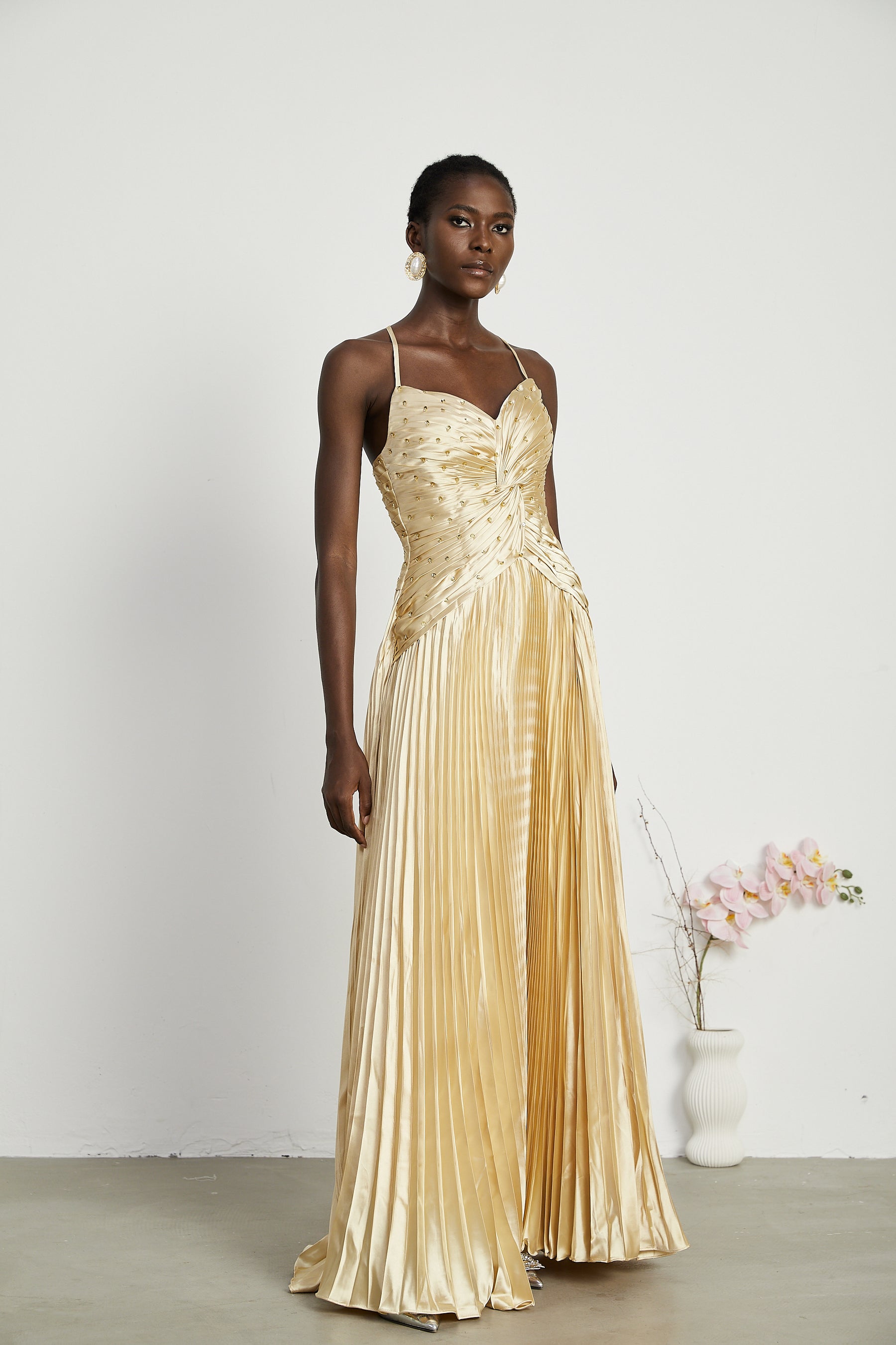 Émilie Red Pleated Maxi Dress with Cape Detail