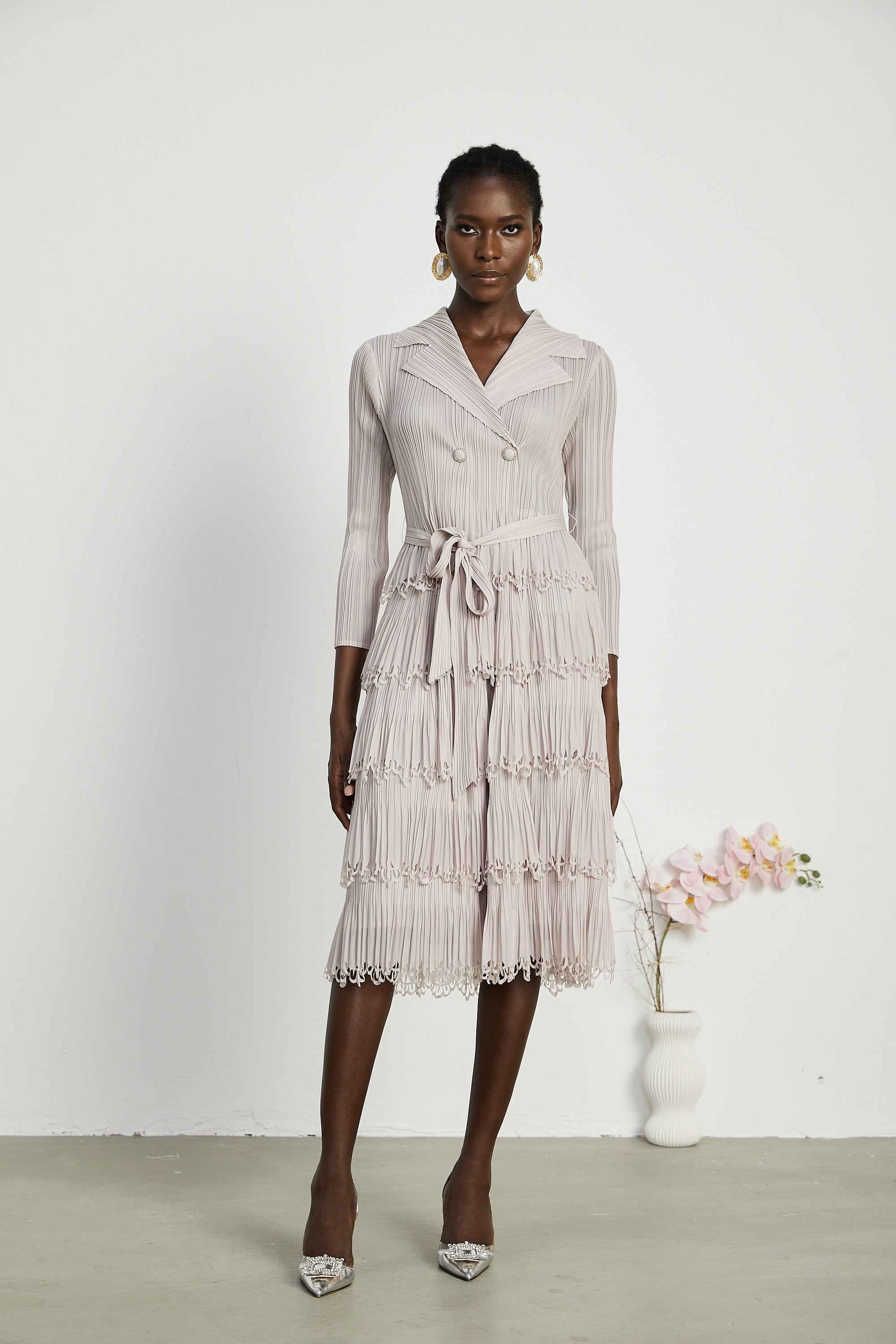 Marjolaine tiered pleated midi dress