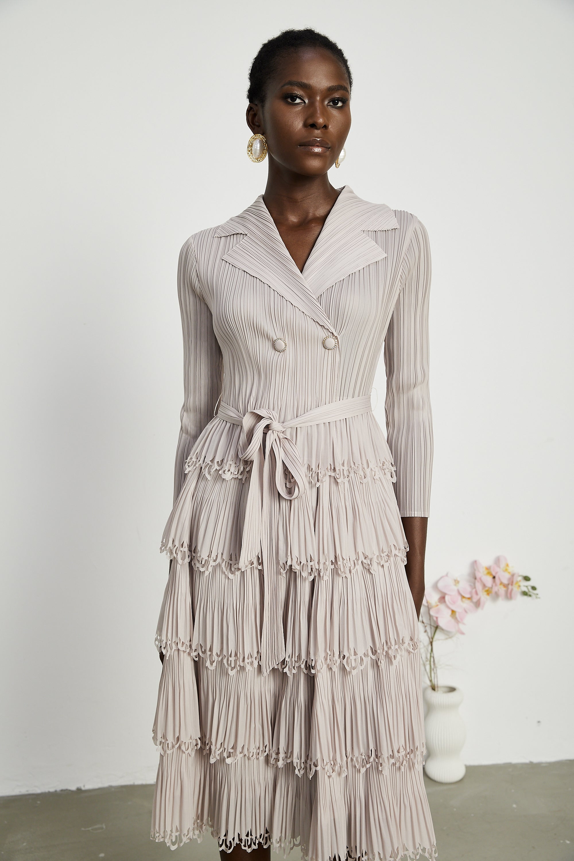 Marjolaine tiered pleated midi dress