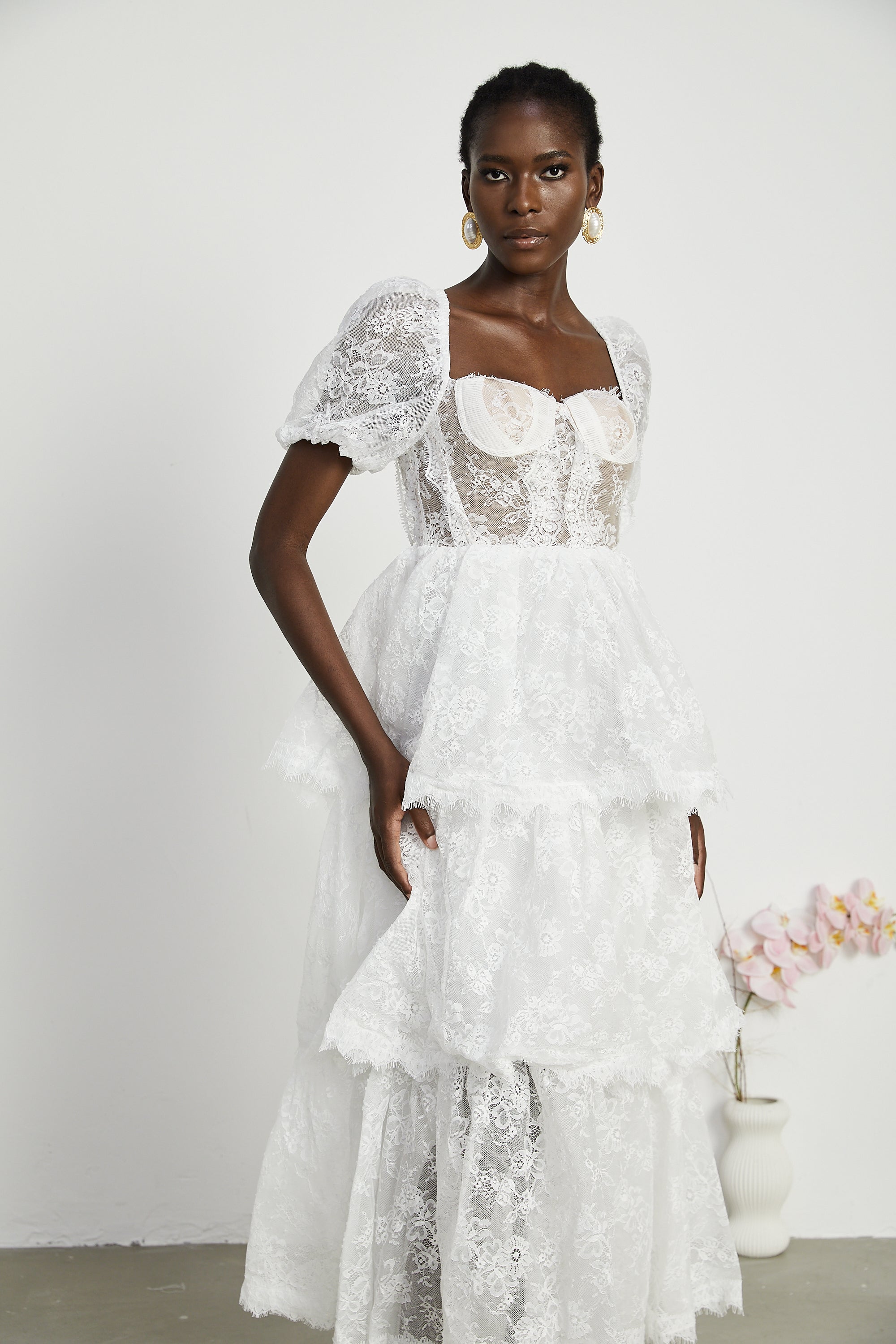 Mélisande white lace tiered midi dress