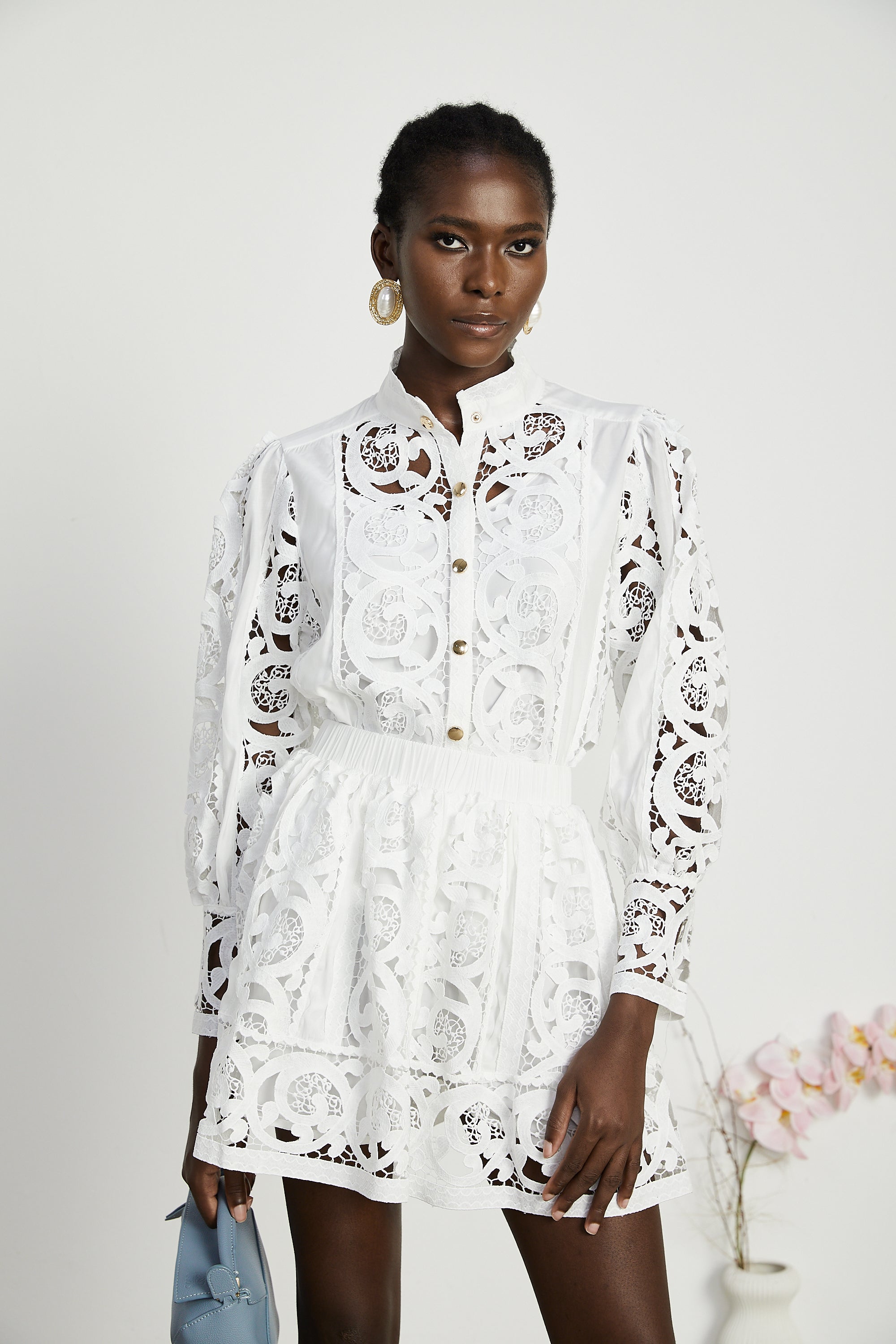 Marie lace-floral embellished shirt & skirt matching set