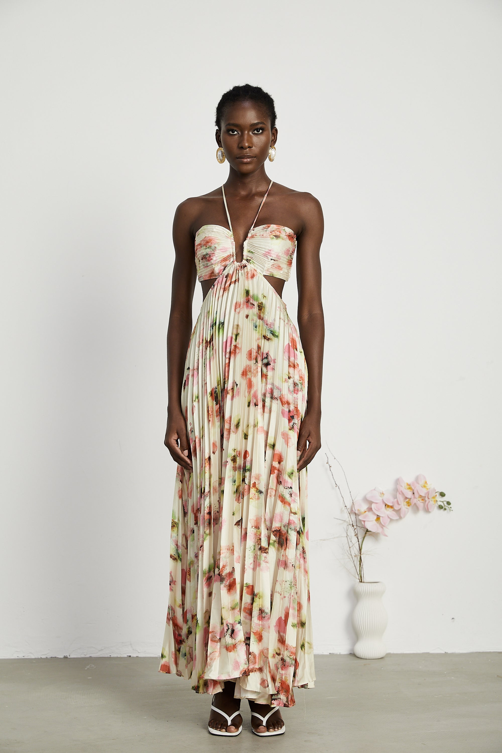 Andréa cut-out floral-print pleated maxi dress