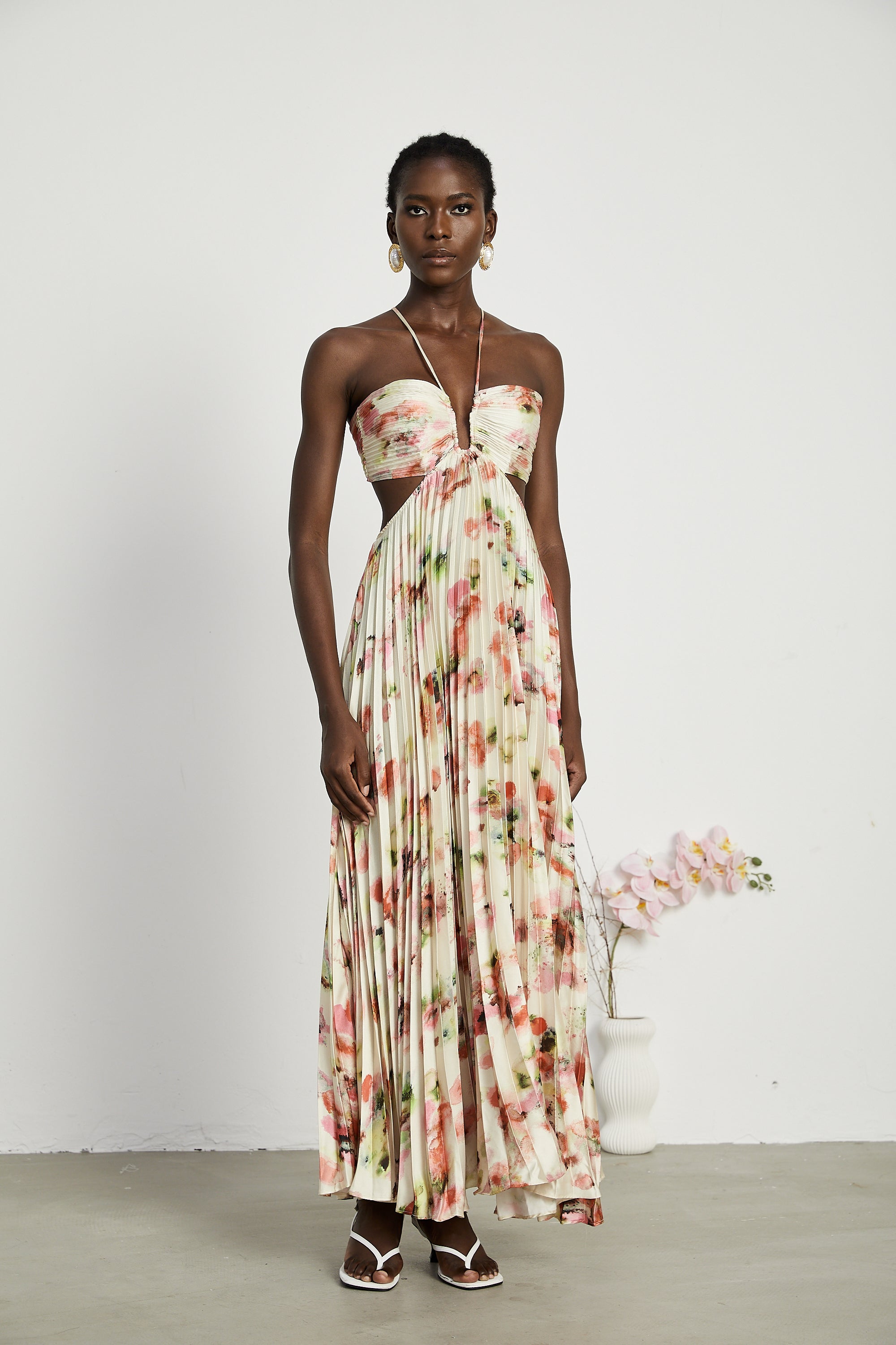 Andréa cut-out floral-print pleated maxi dress