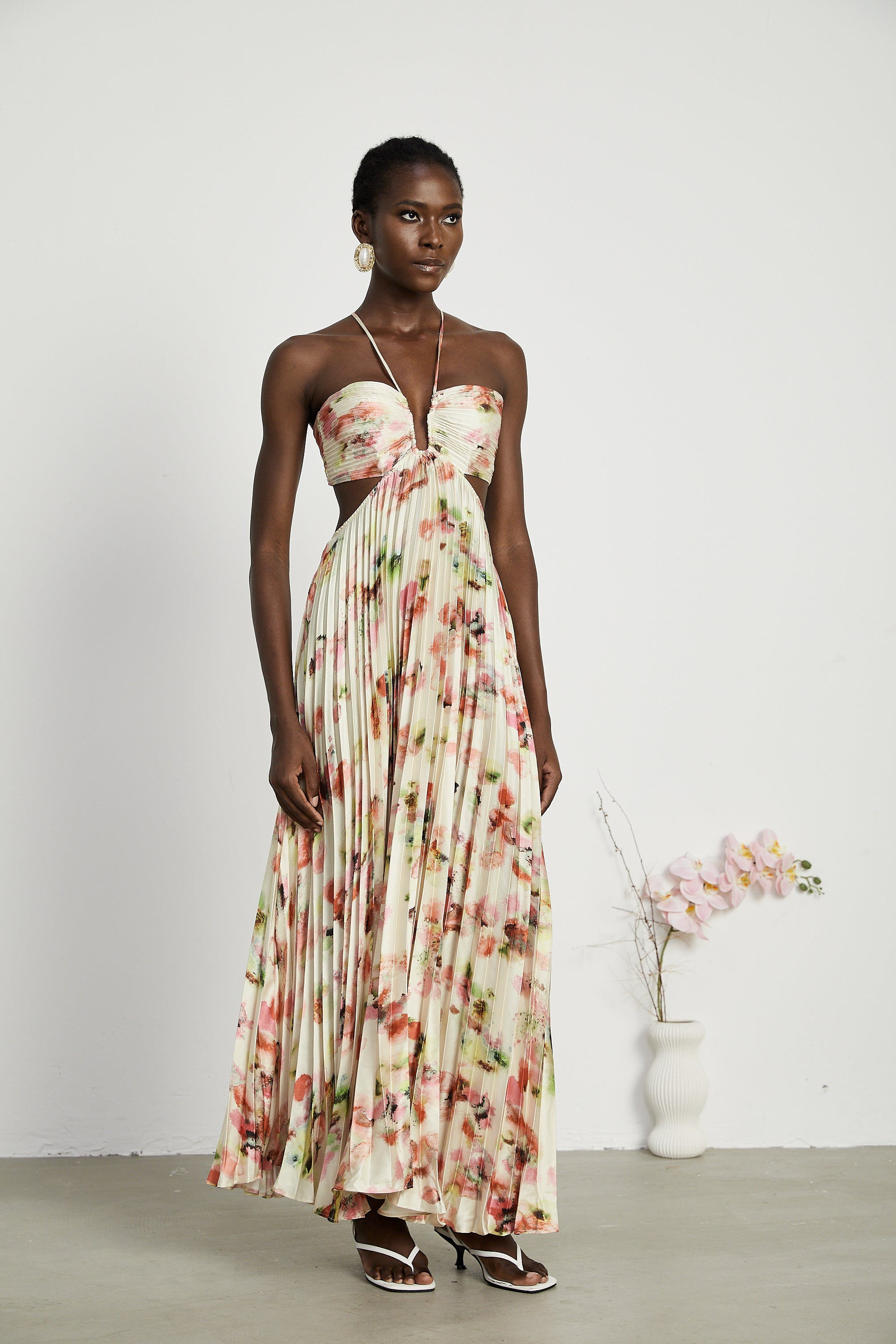 Andréa cut-out floral-print pleated maxi dress