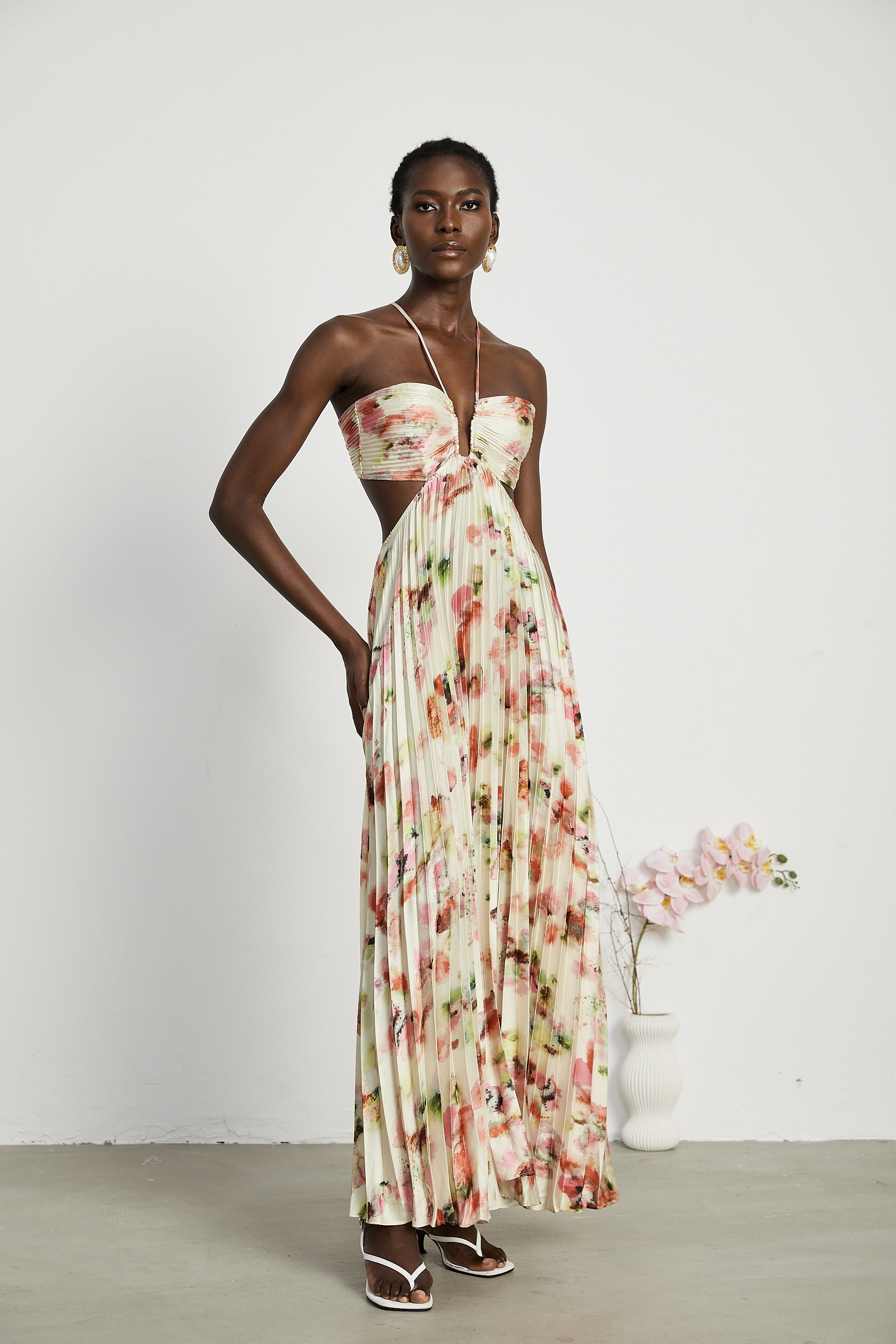 Andréa cut-out floral-print pleated maxi dress