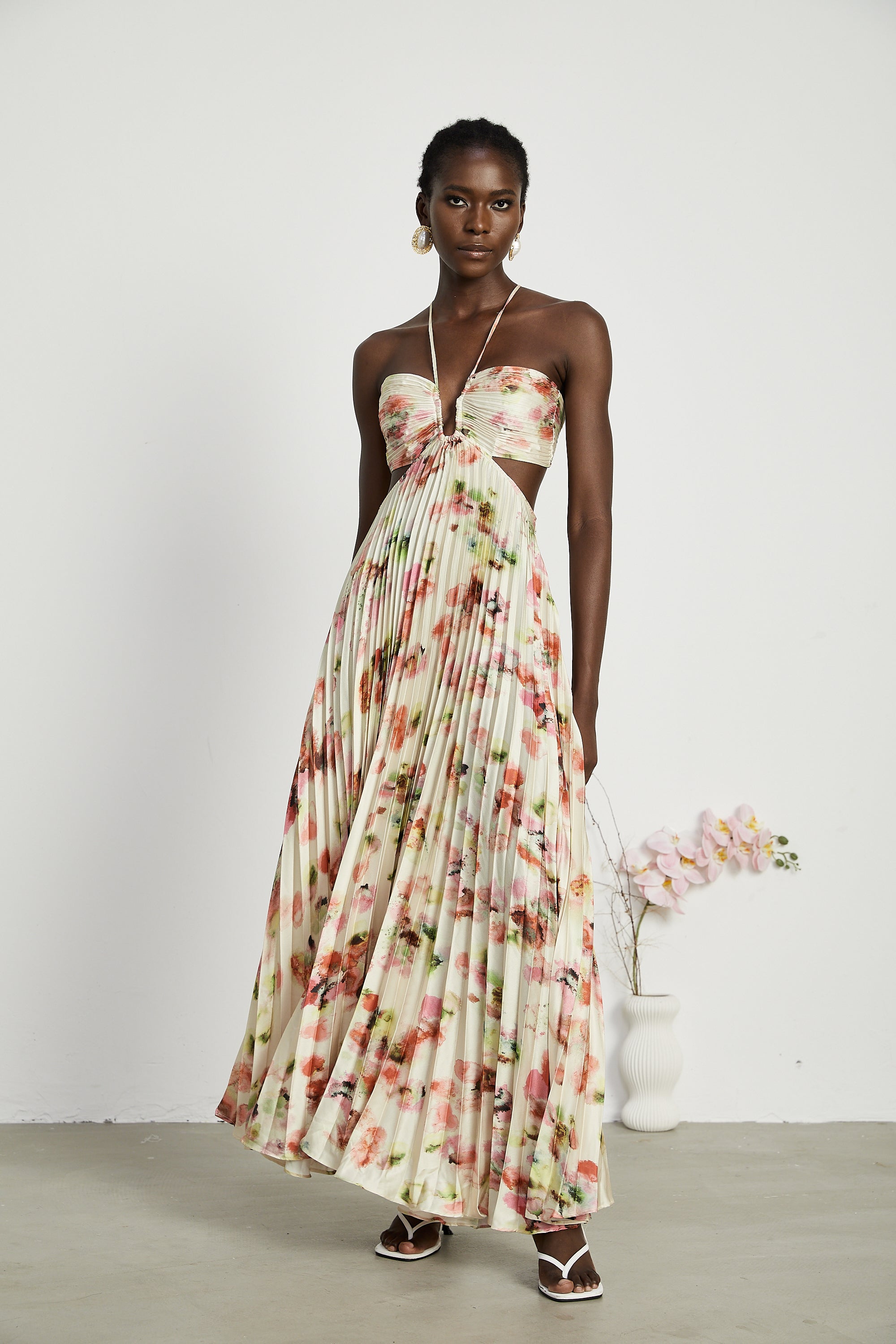 Andréa cut-out floral-print pleated maxi dress