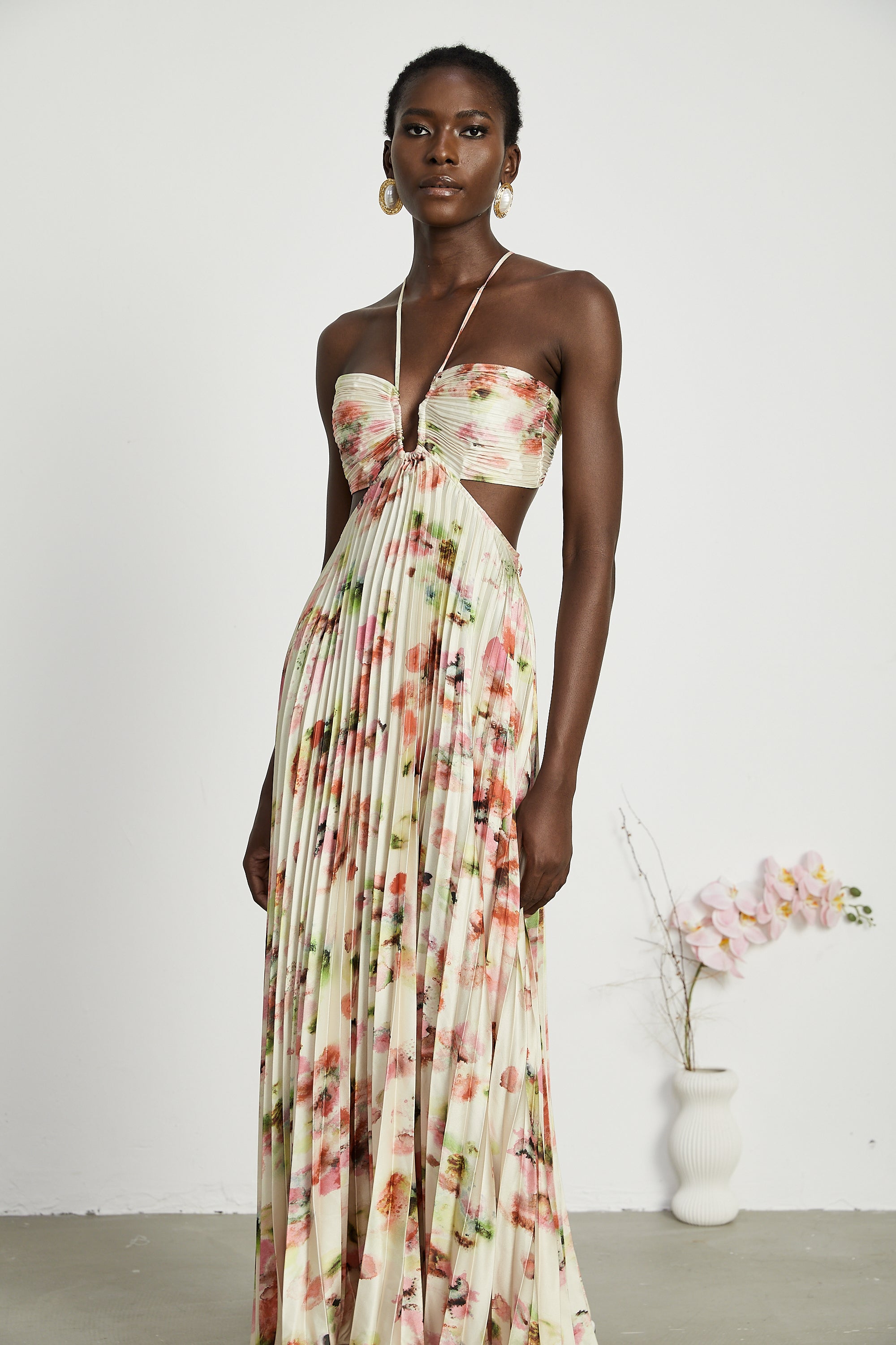 Andréa cut-out floral-print pleated maxi dress