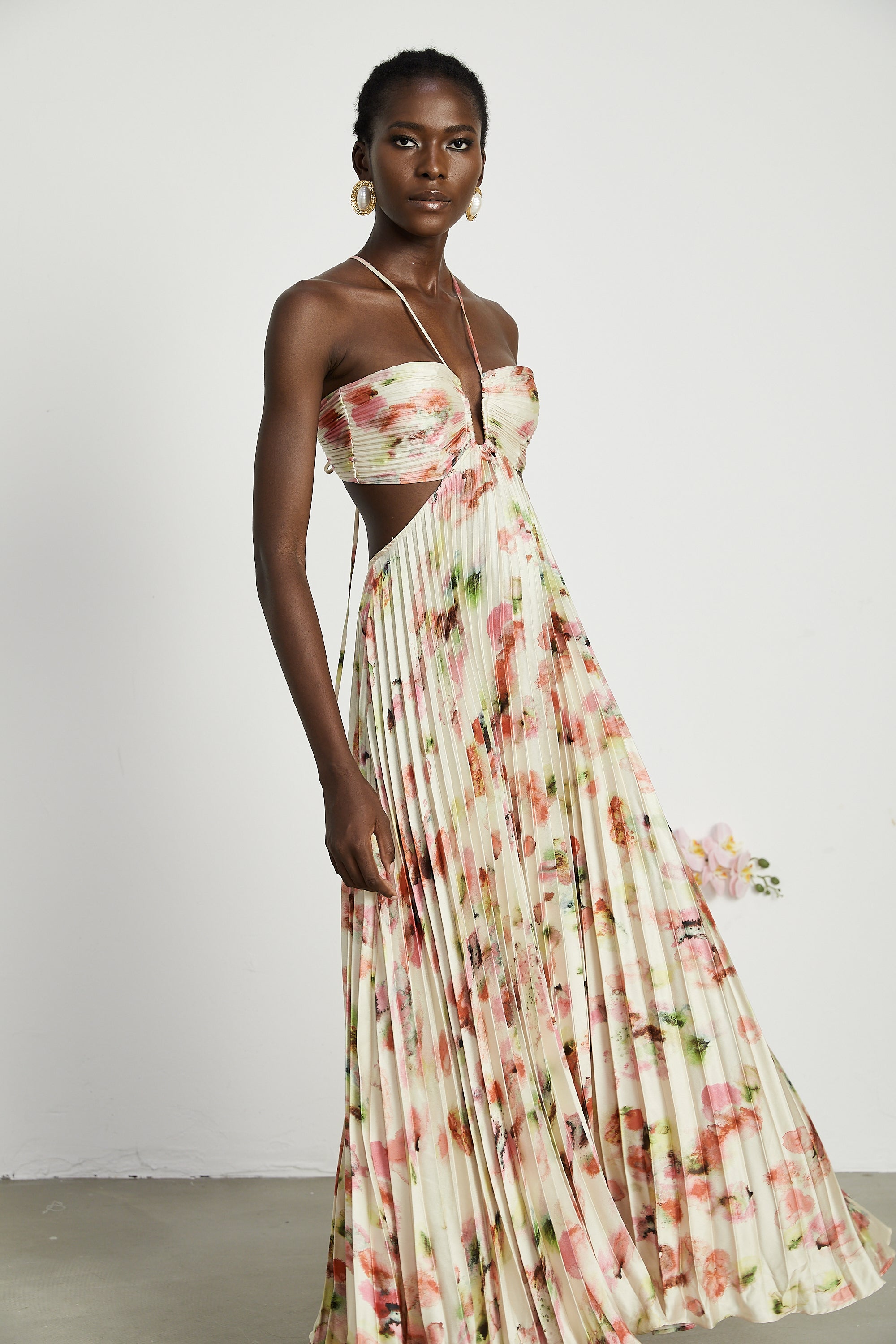 Andréa cut-out floral-print pleated maxi dress