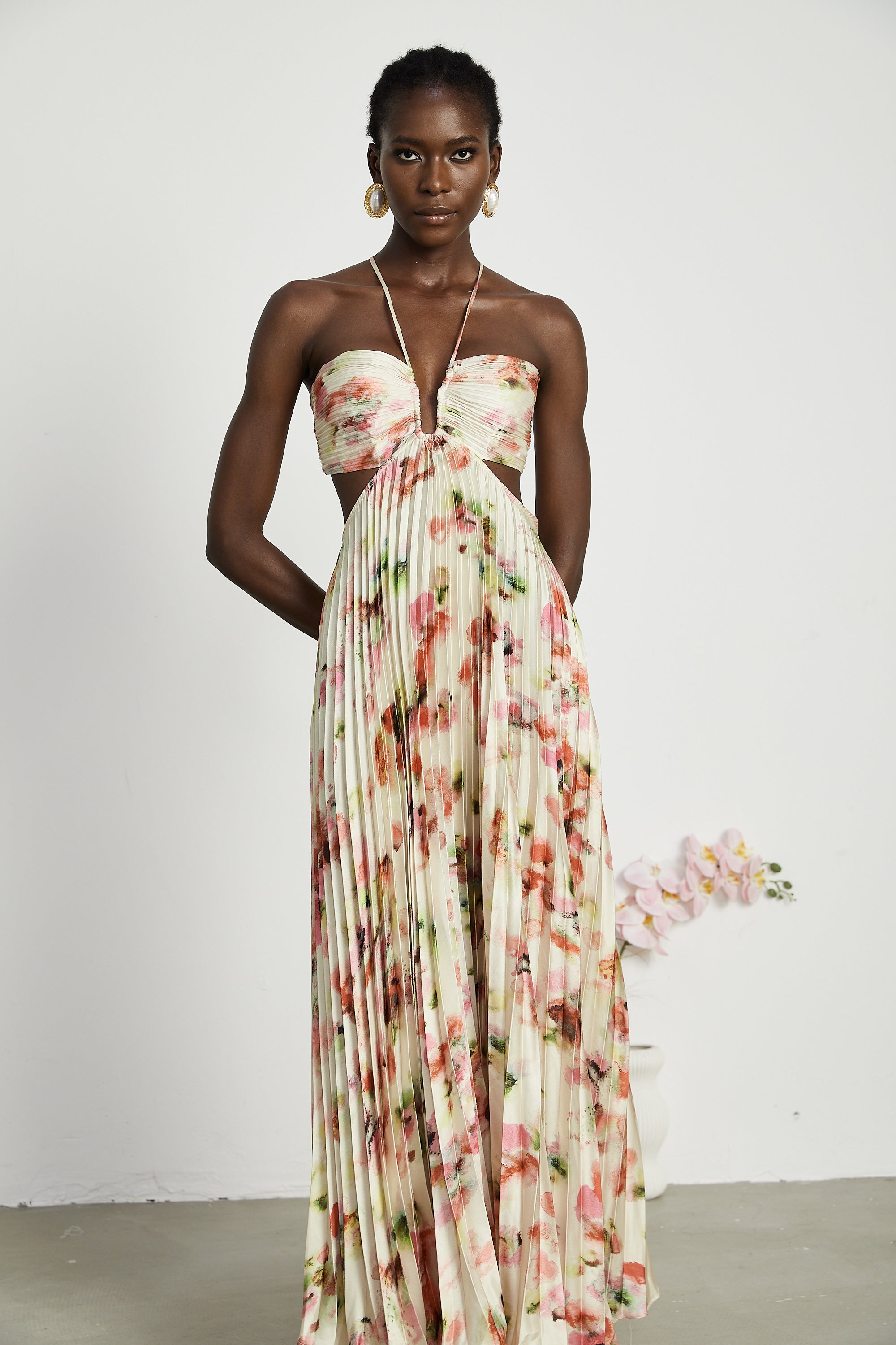 Andréa cut-out floral-print pleated maxi dress