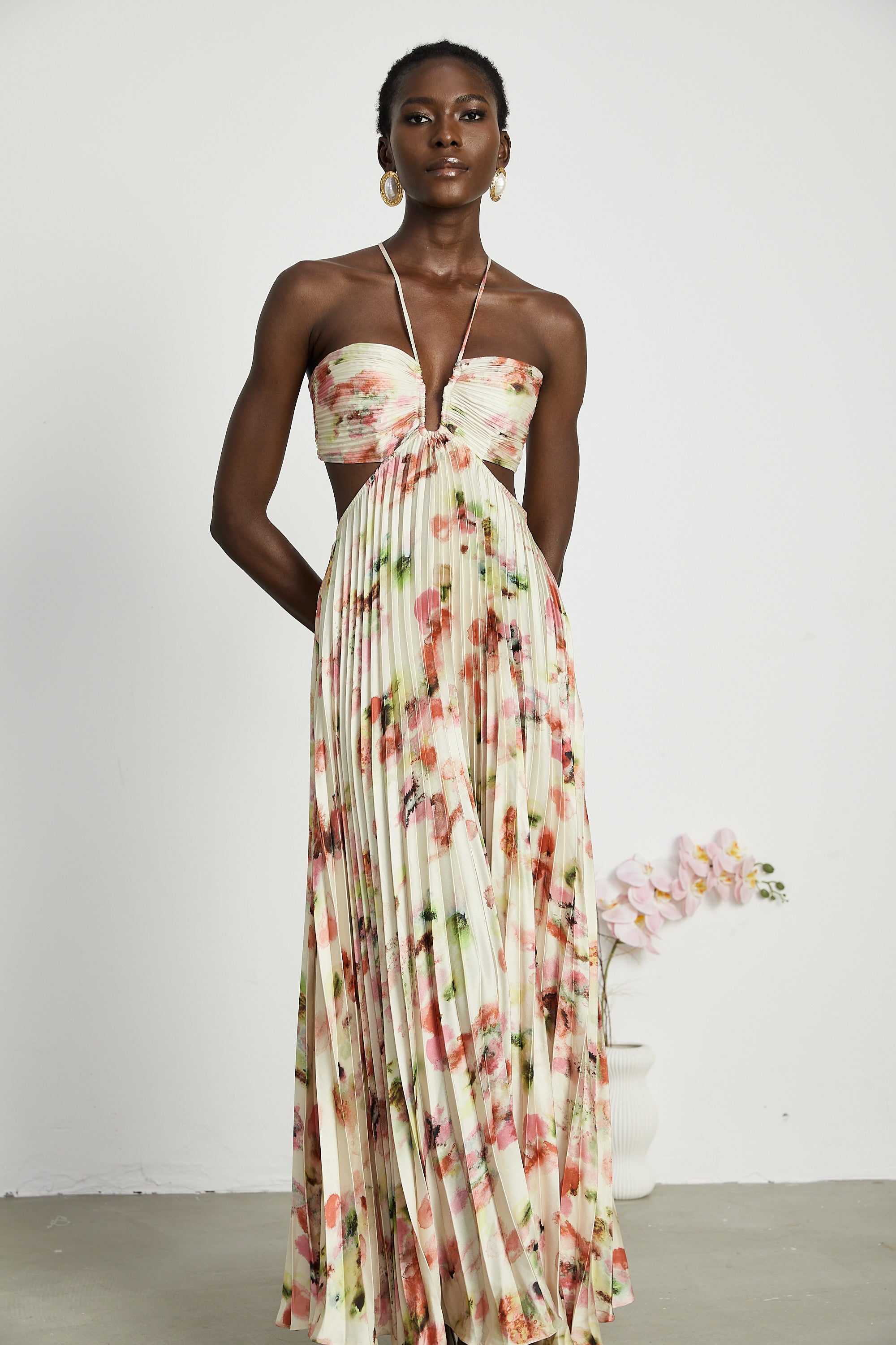 Andréa cut-out floral-print pleated maxi dress