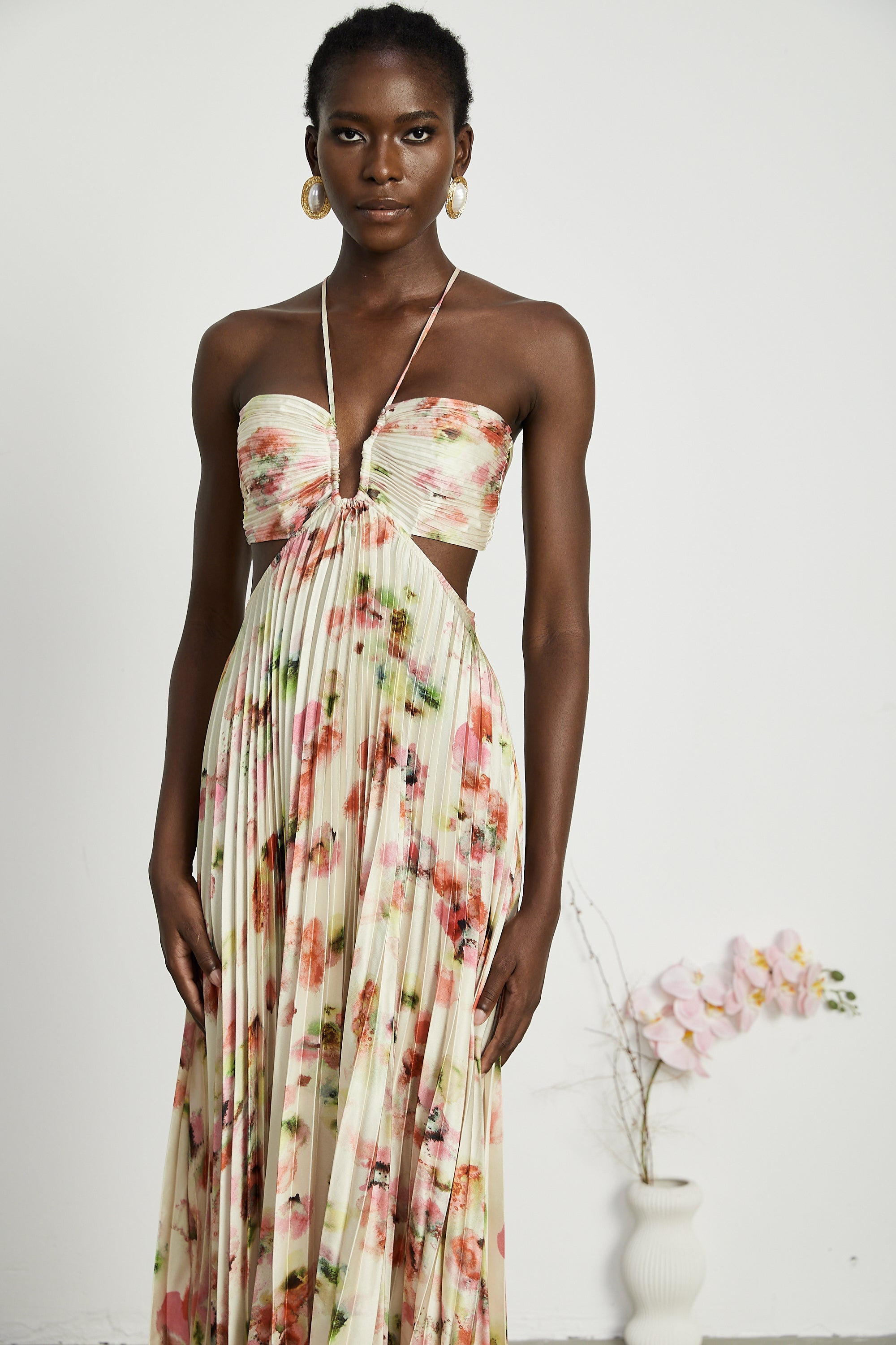 Andréa cut-out floral-print pleated maxi dress