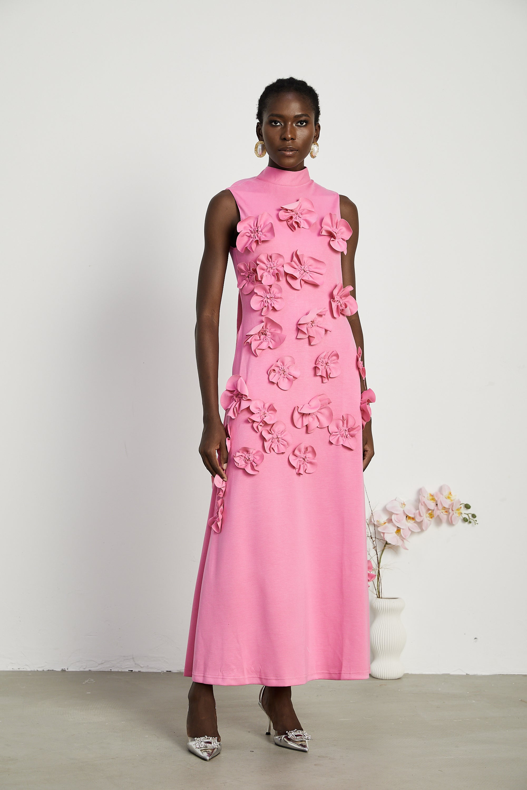 Magali bow-tie faux-flower embellished sleeveless maxi dress in Pink