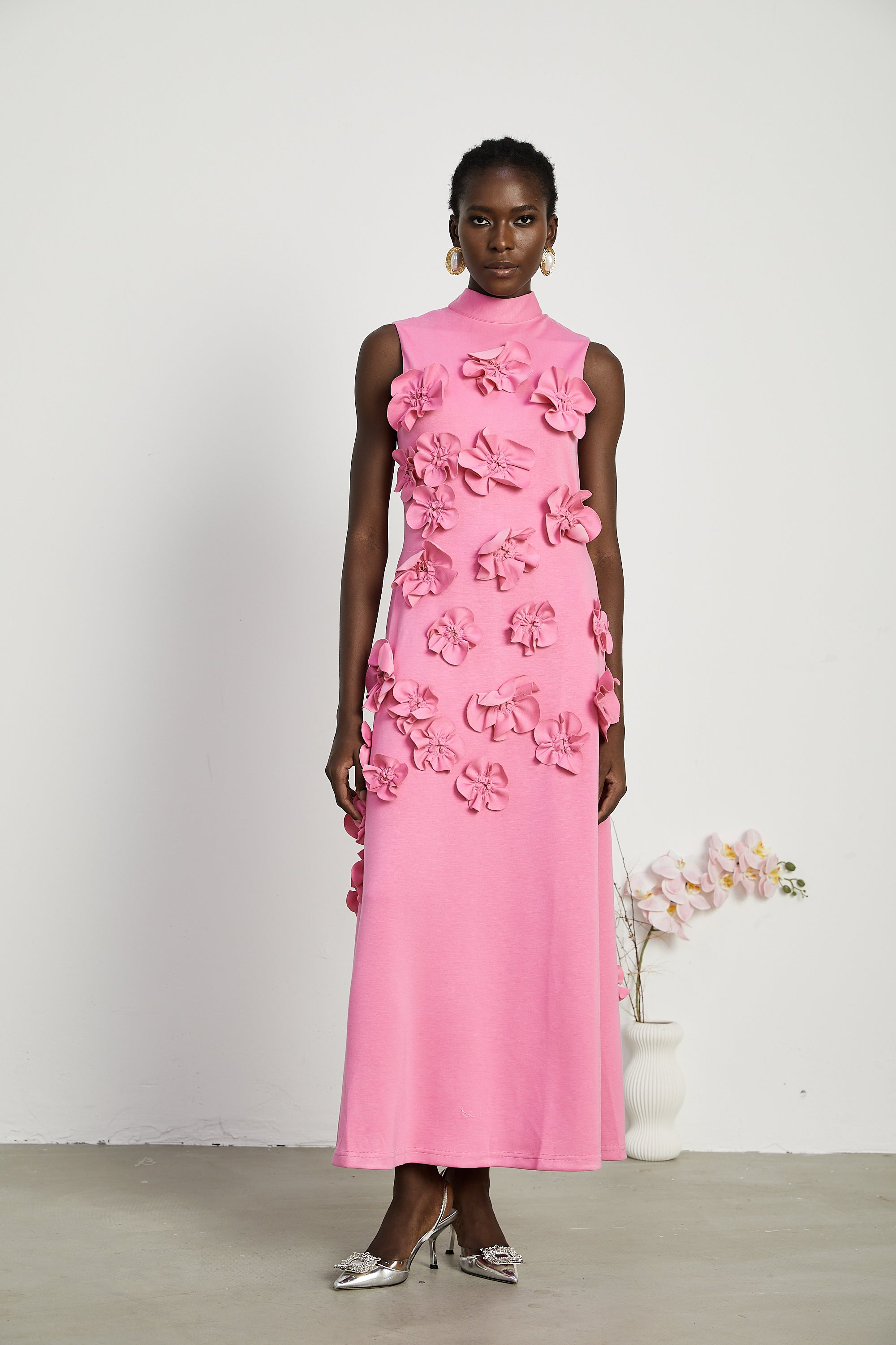 Magali bow-tie faux-flower embellished sleeveless maxi dress in Pink