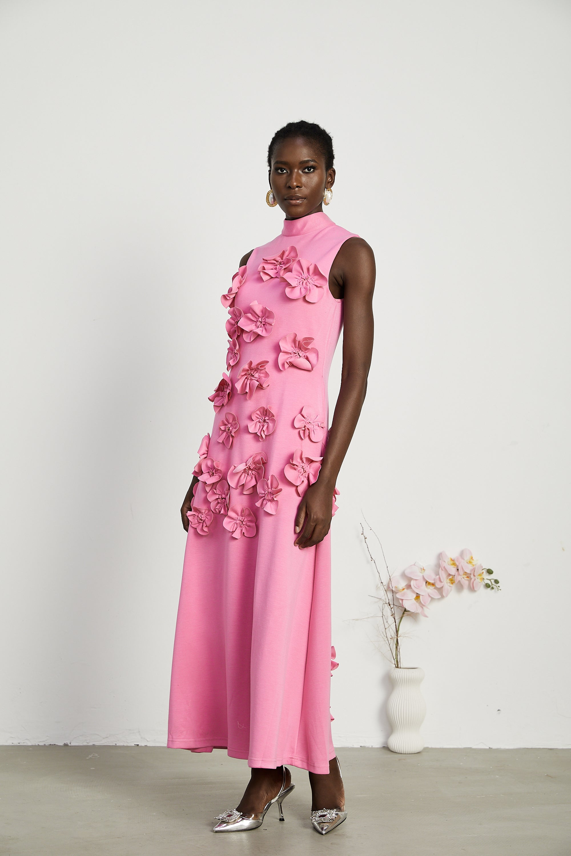 Magali bow-tie faux-flower embellished sleeveless maxi dress in Pink