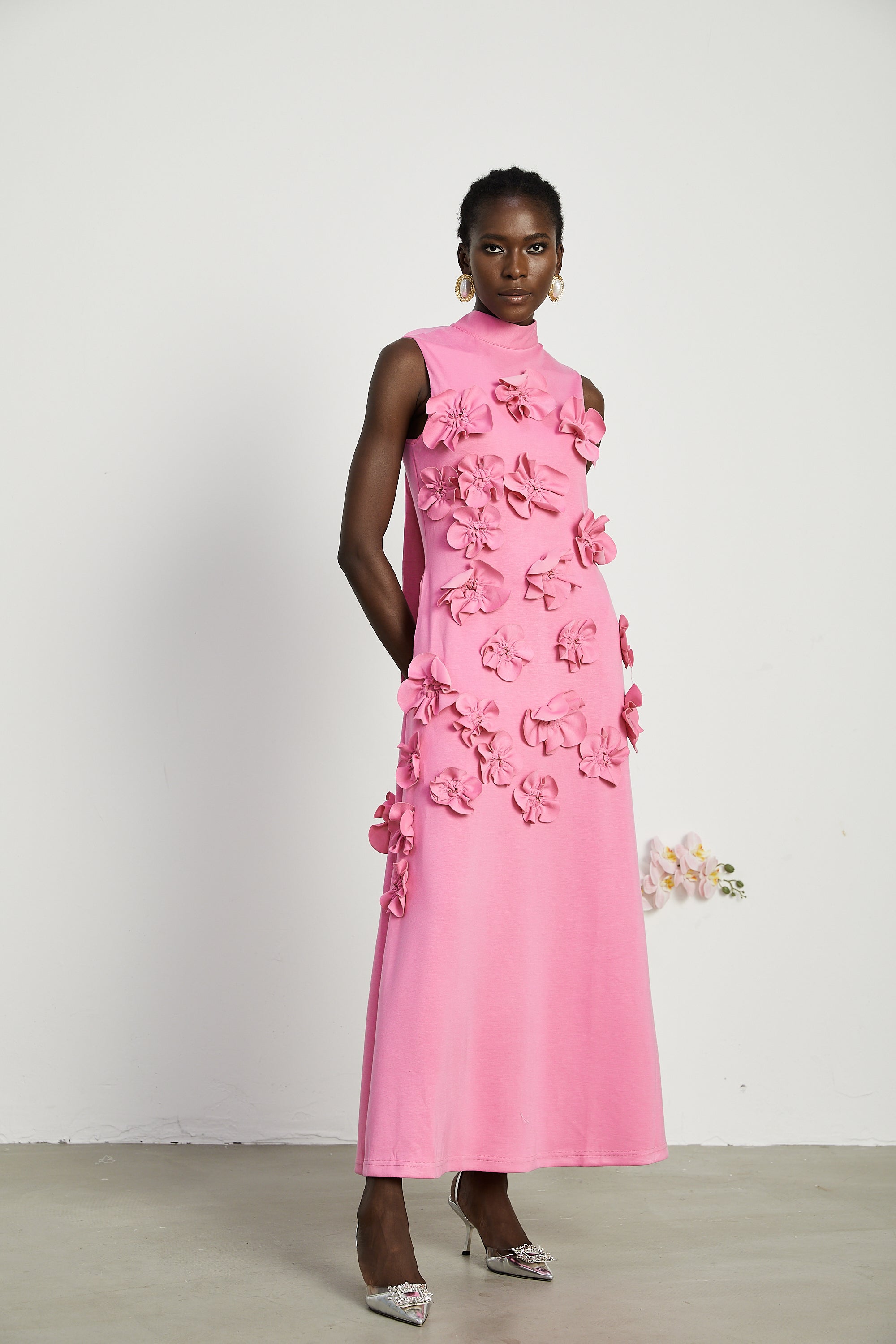 Magali bow-tie faux-flower embellished sleeveless maxi dress in Pink