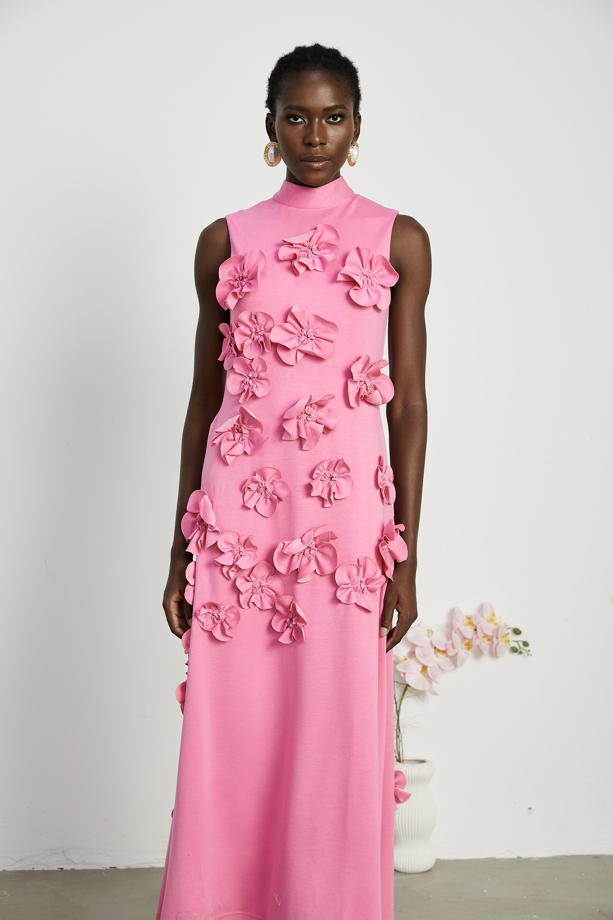 Magali bow-tie faux-flower embellished sleeveless maxi dress in Pink