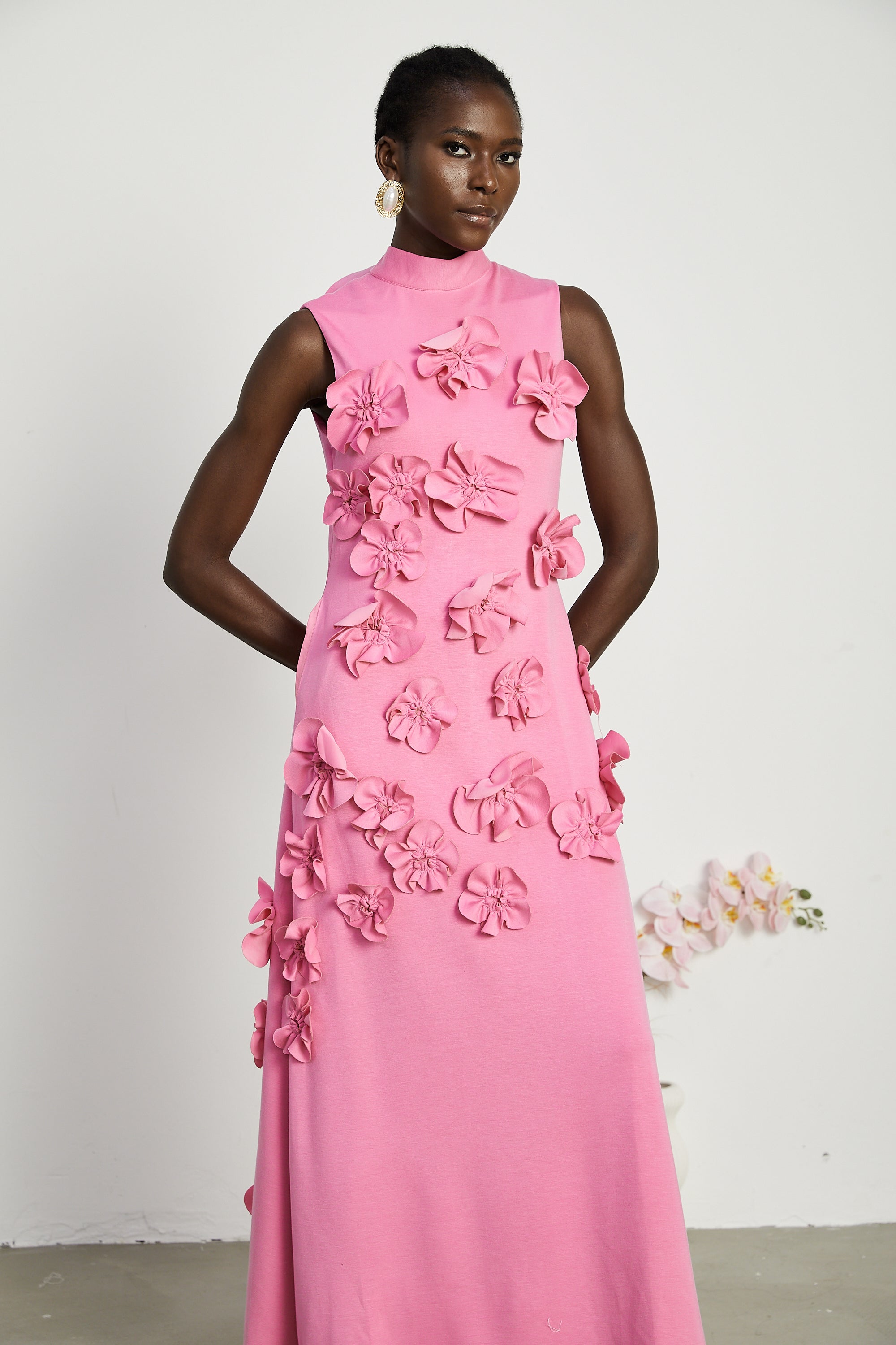 Magali bow-tie faux-flower embellished sleeveless maxi dress in Pink