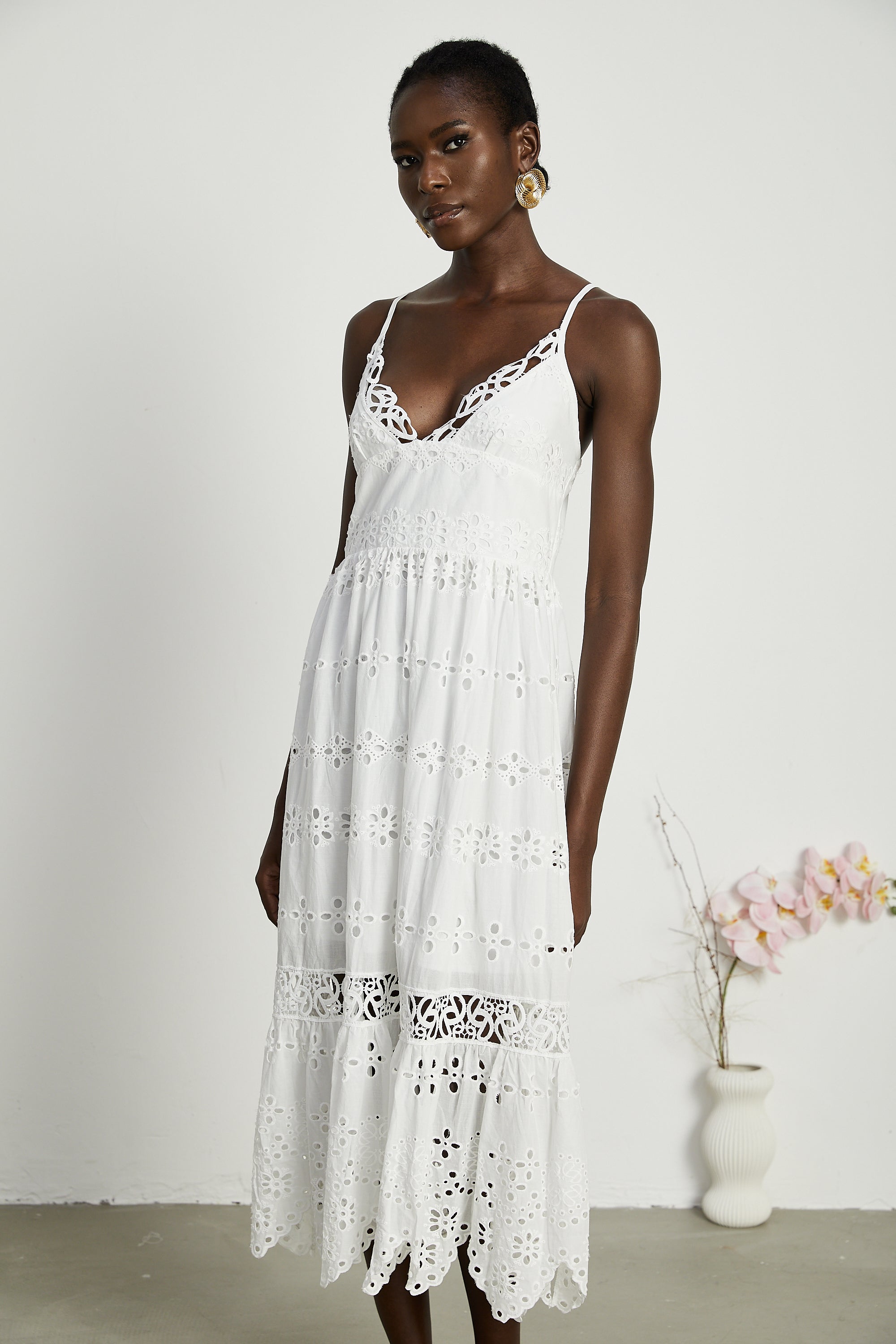 Coquette V-neck embroidered maxi dress