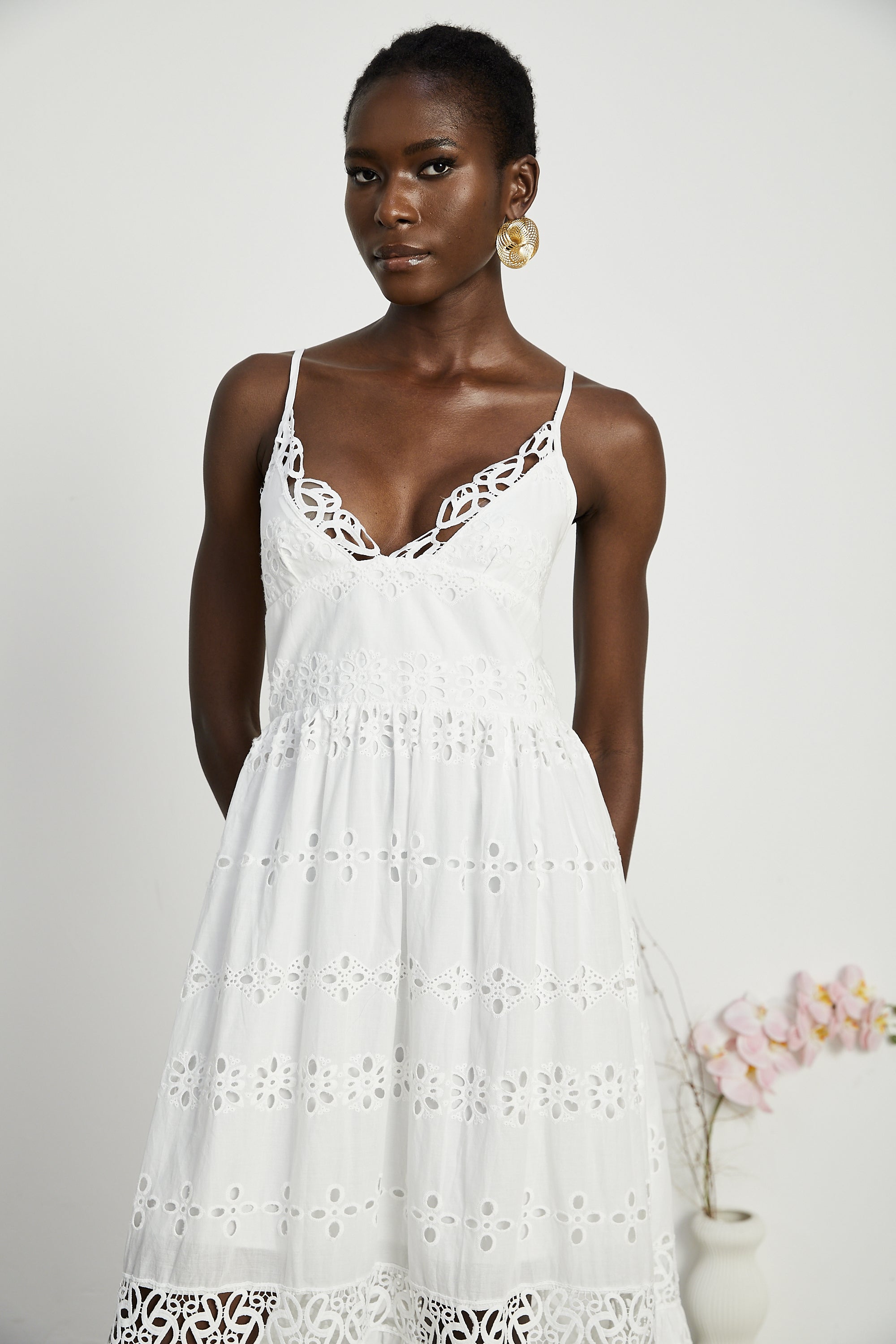 Coquette V-neck embroidered maxi dress