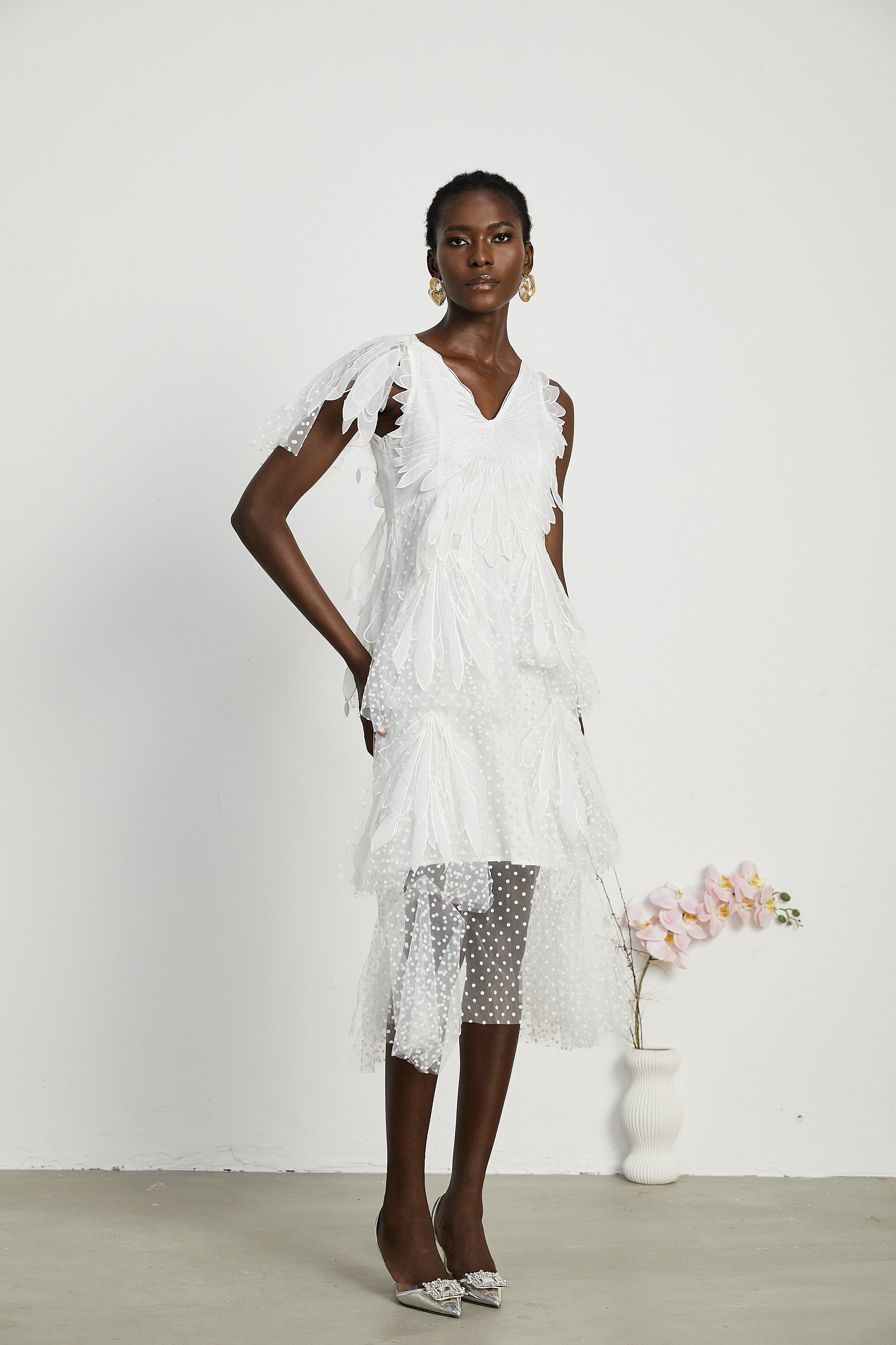 Solène feather-embellished pleated midi dress