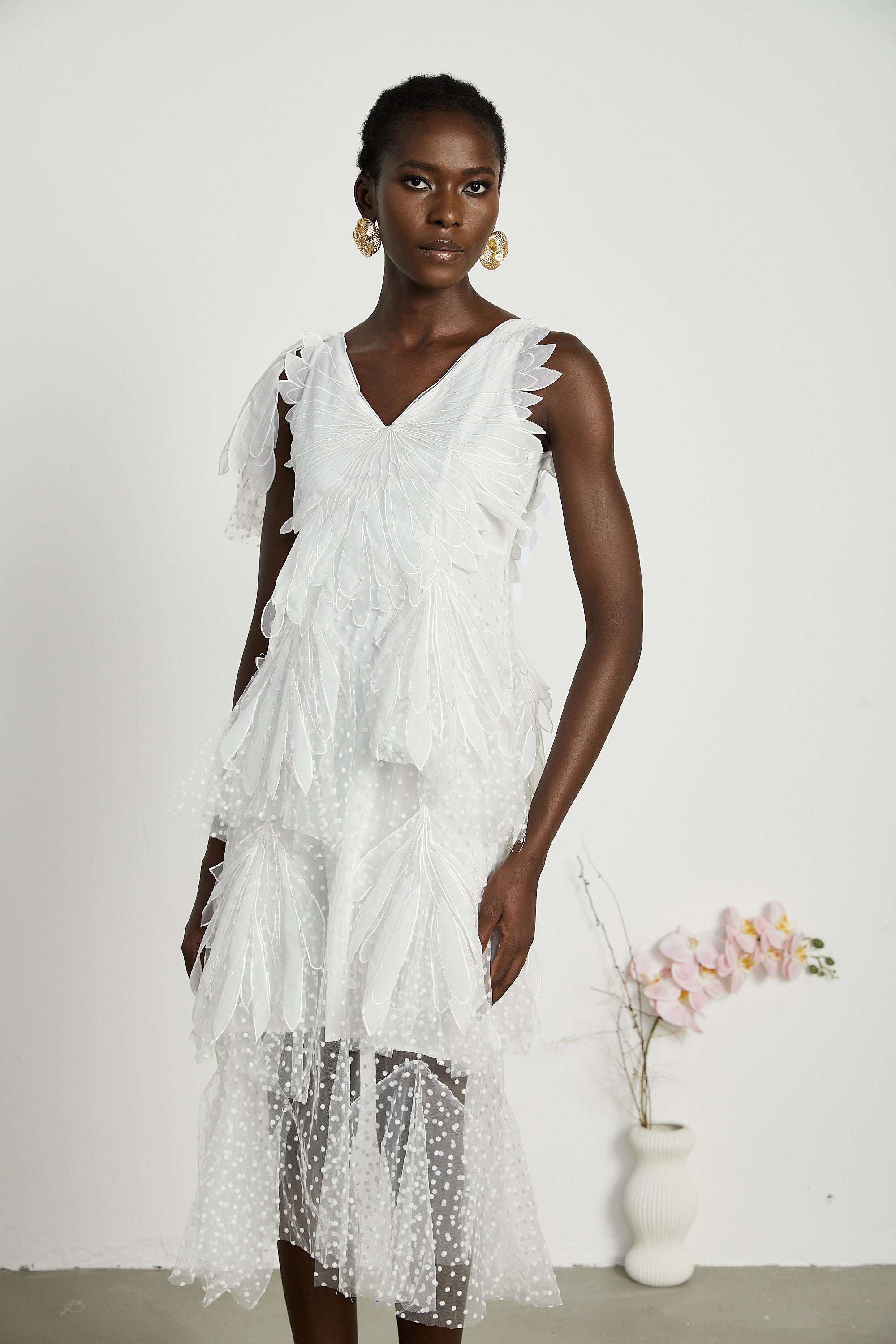 Solène feather-embellished pleated midi dress