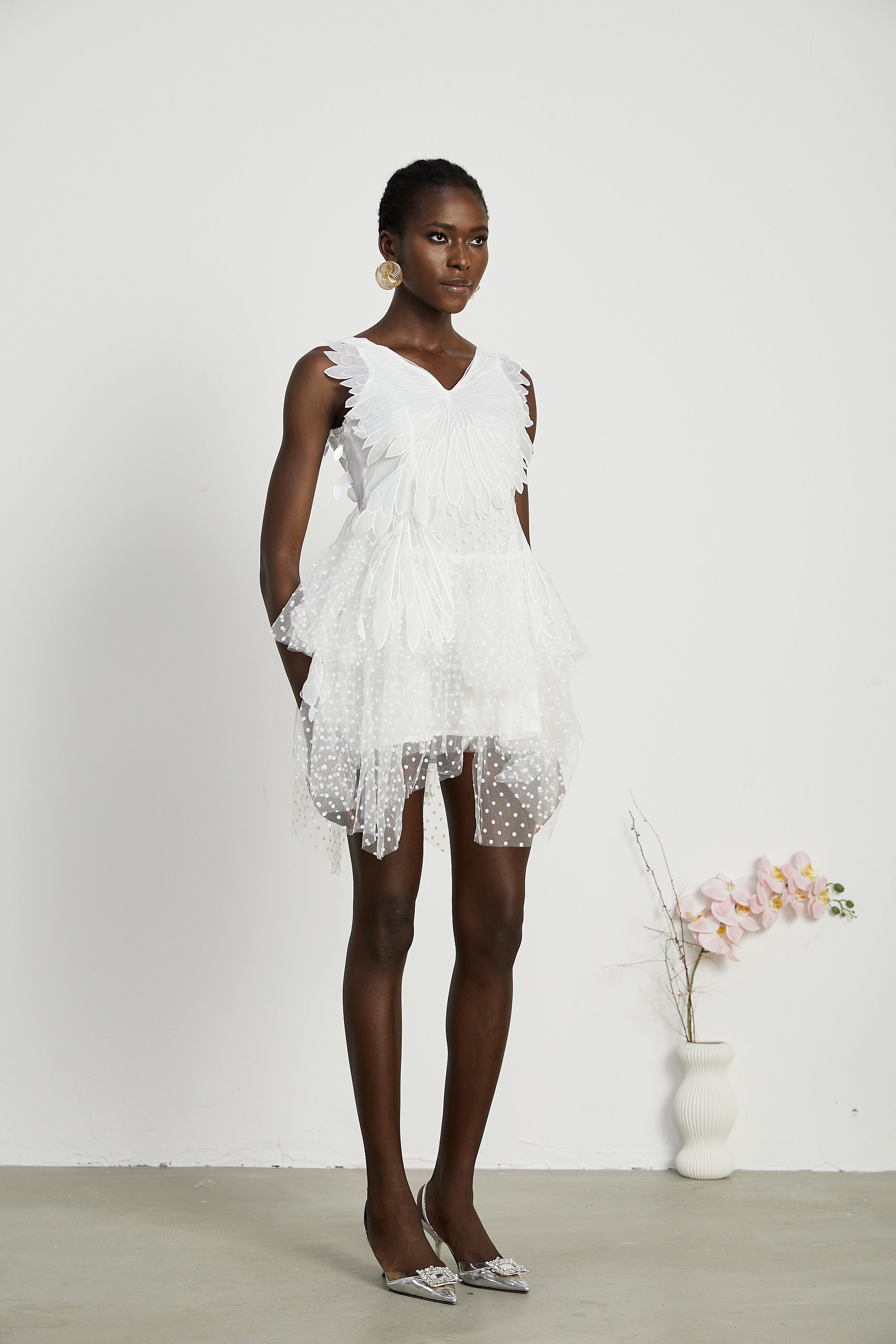 Françoise feather-embellished pleated mini dress