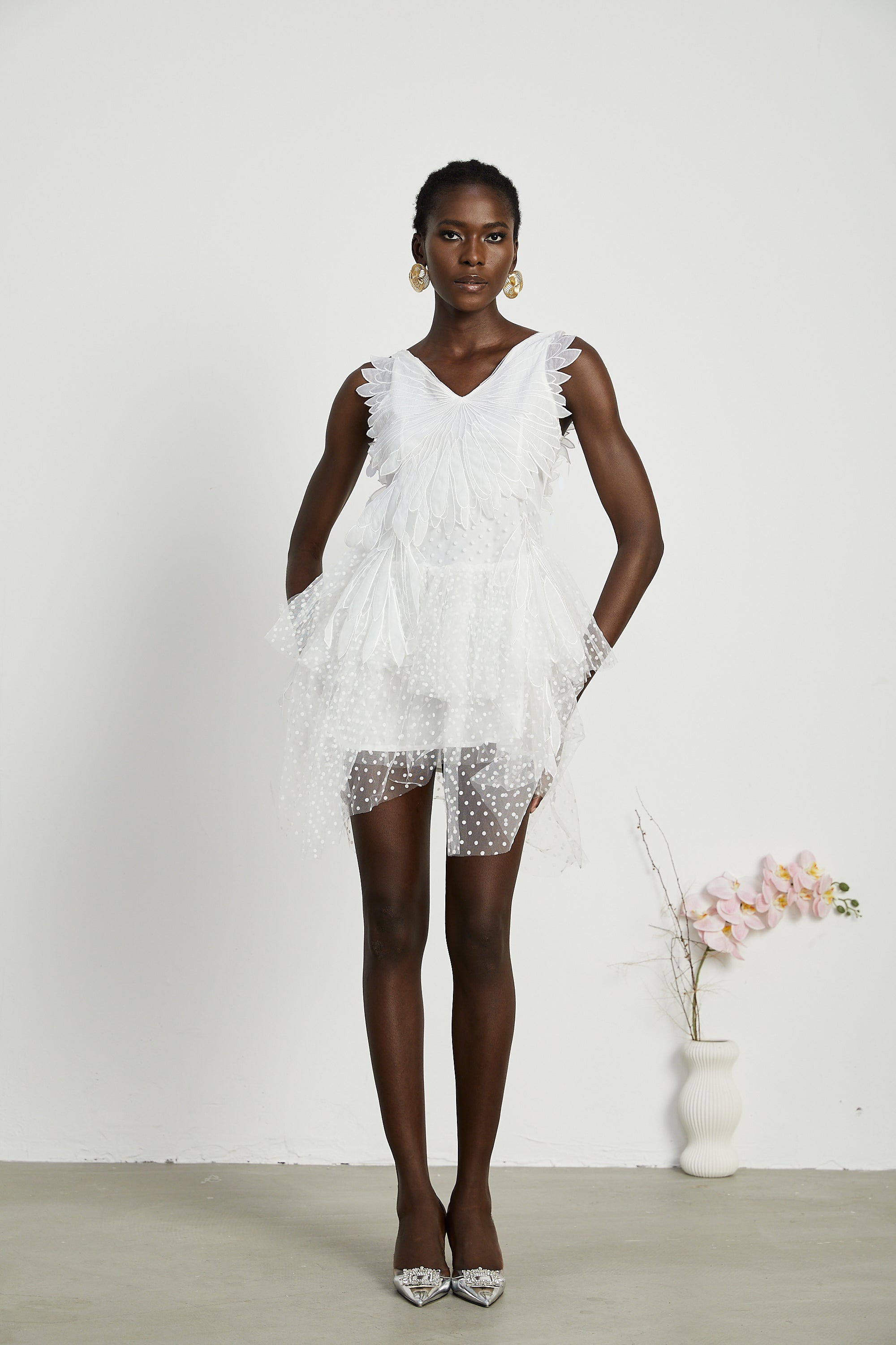 Françoise feather-embellished pleated mini dress