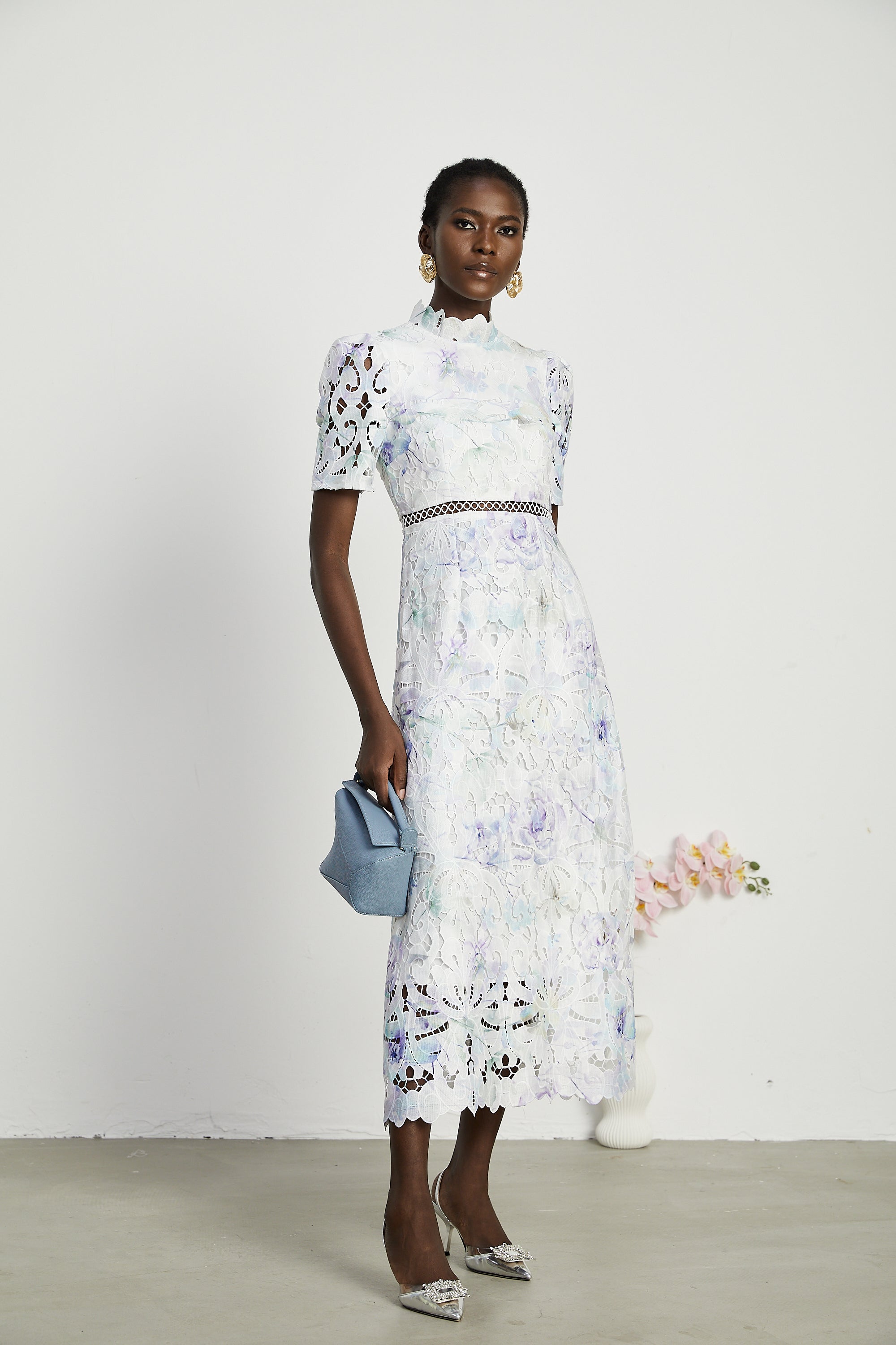 Blanche floral-print lace cut-out midi dress