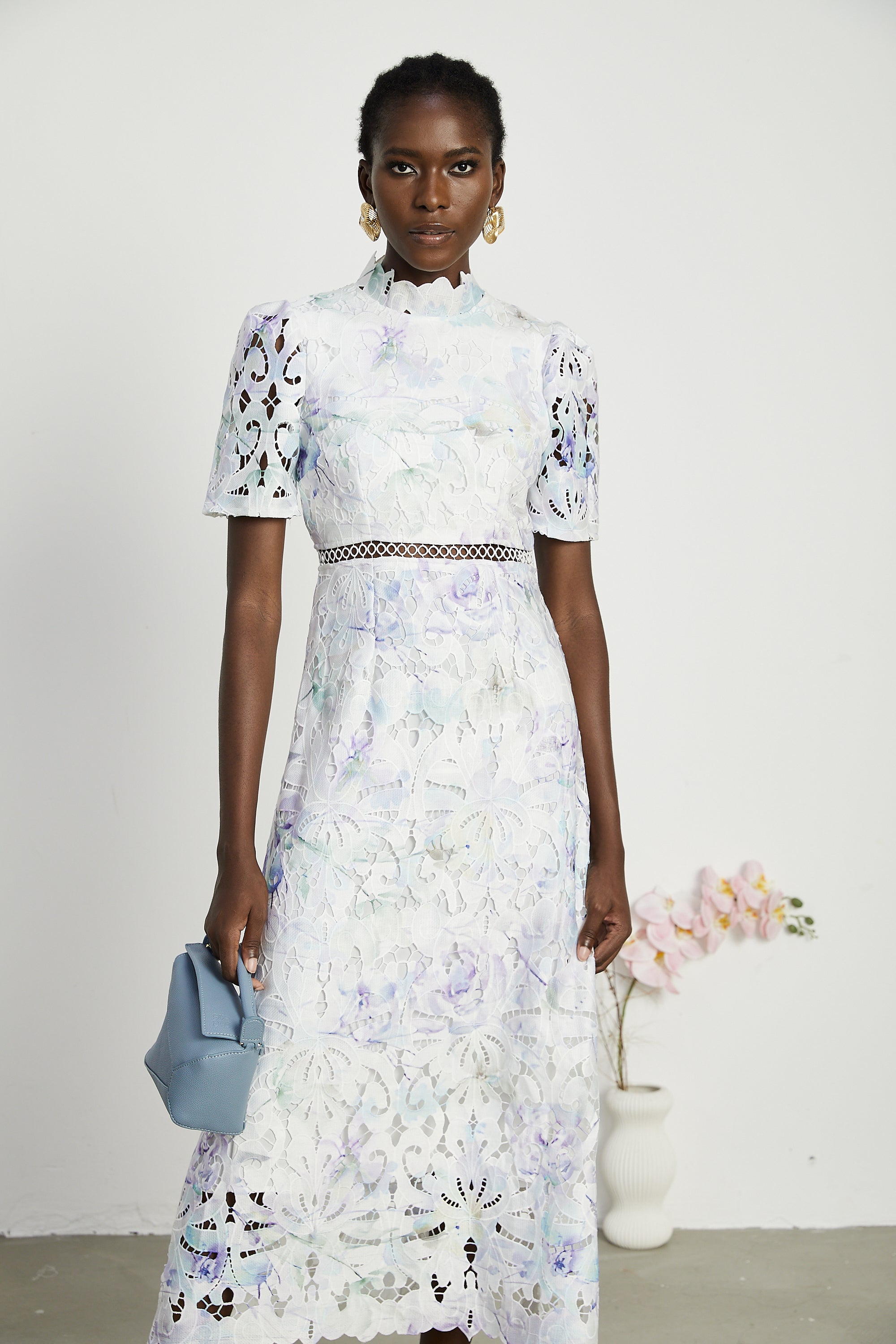Blanche floral-print lace cut-out midi dress