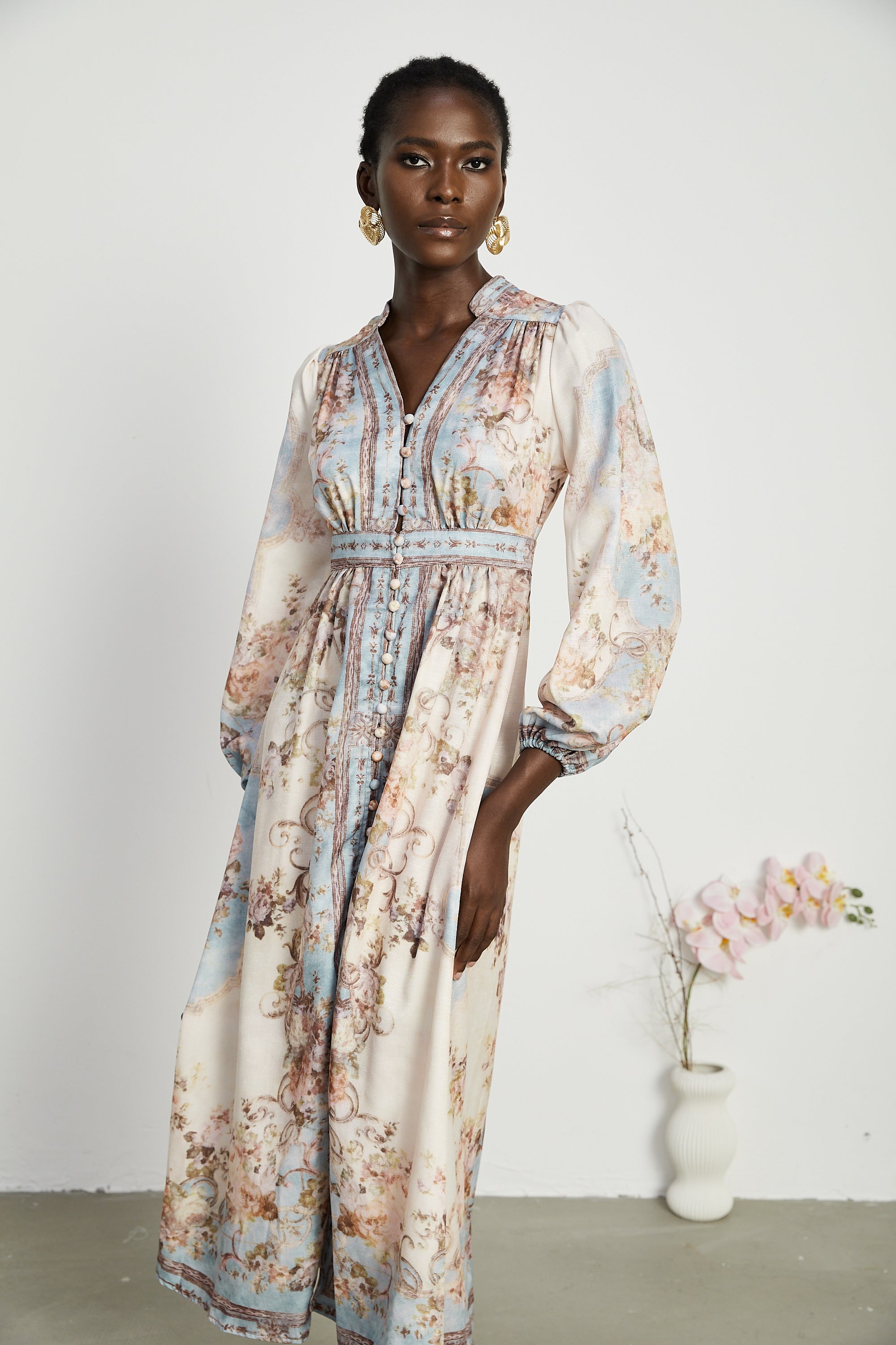 Camille floral-print long-sleeve boho dress