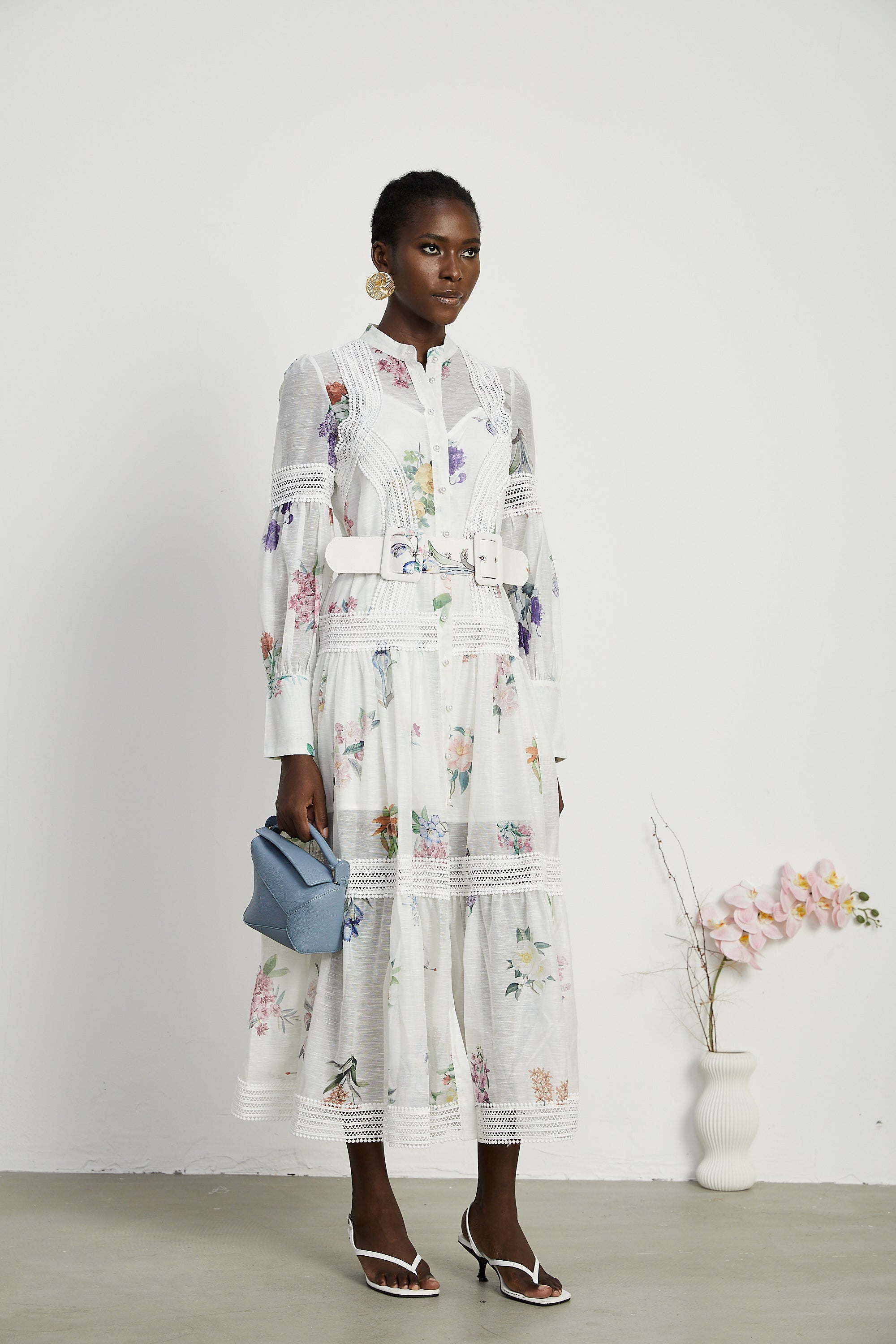 Thaïs white belted floral-print midi dress