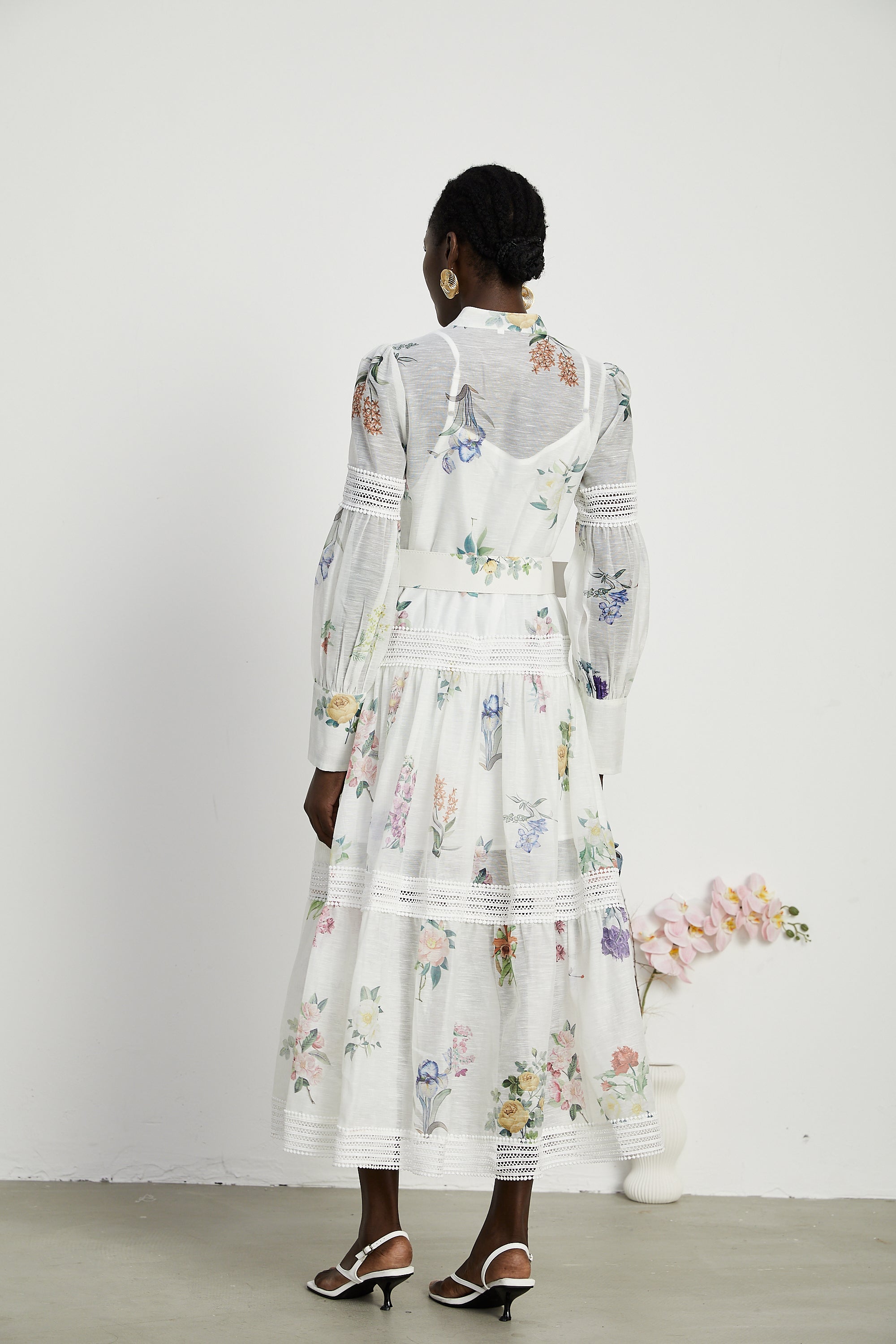 Thaïs lace-trim embellished floral-print midi dress