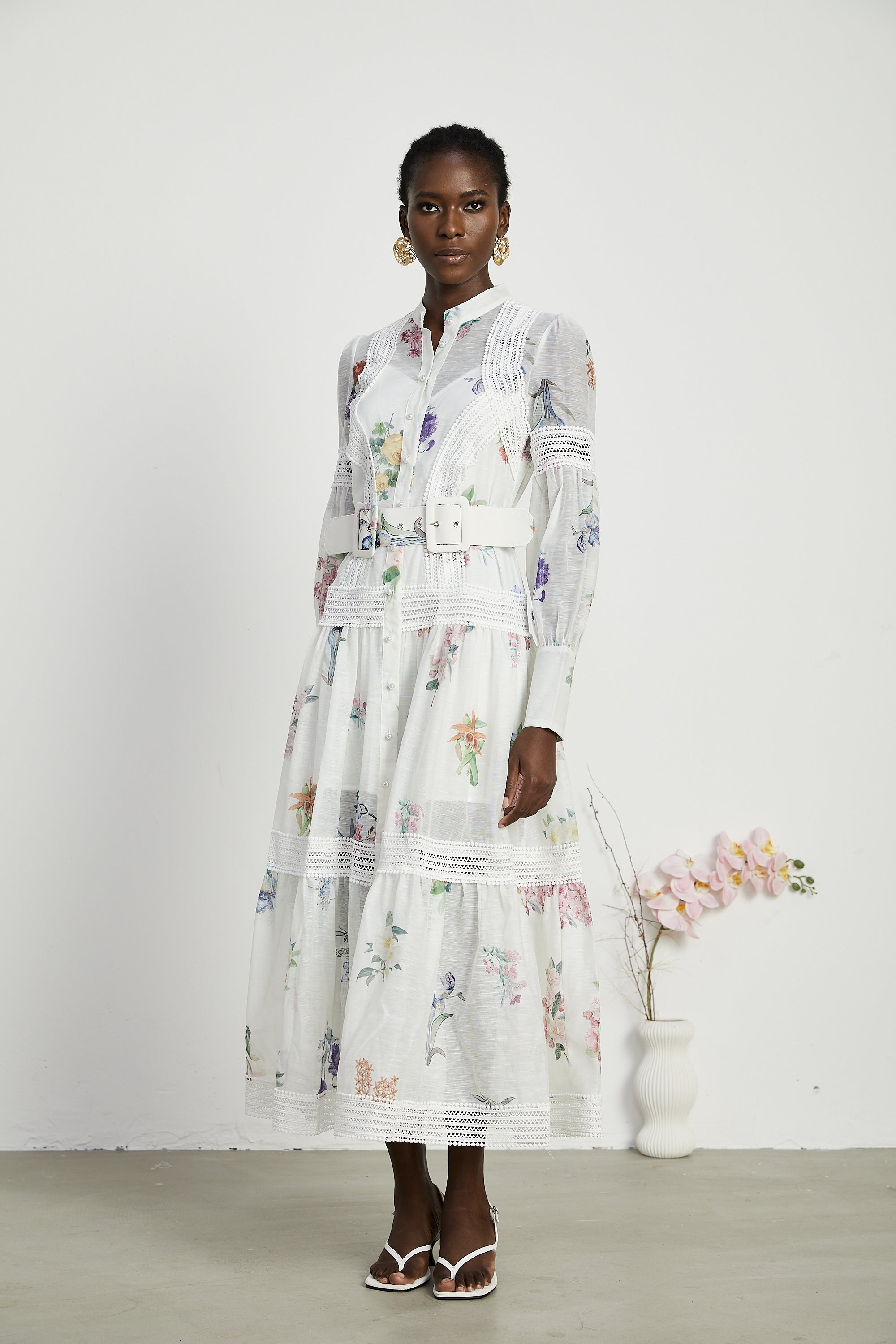 Thaïs white belted floral-print midi dress