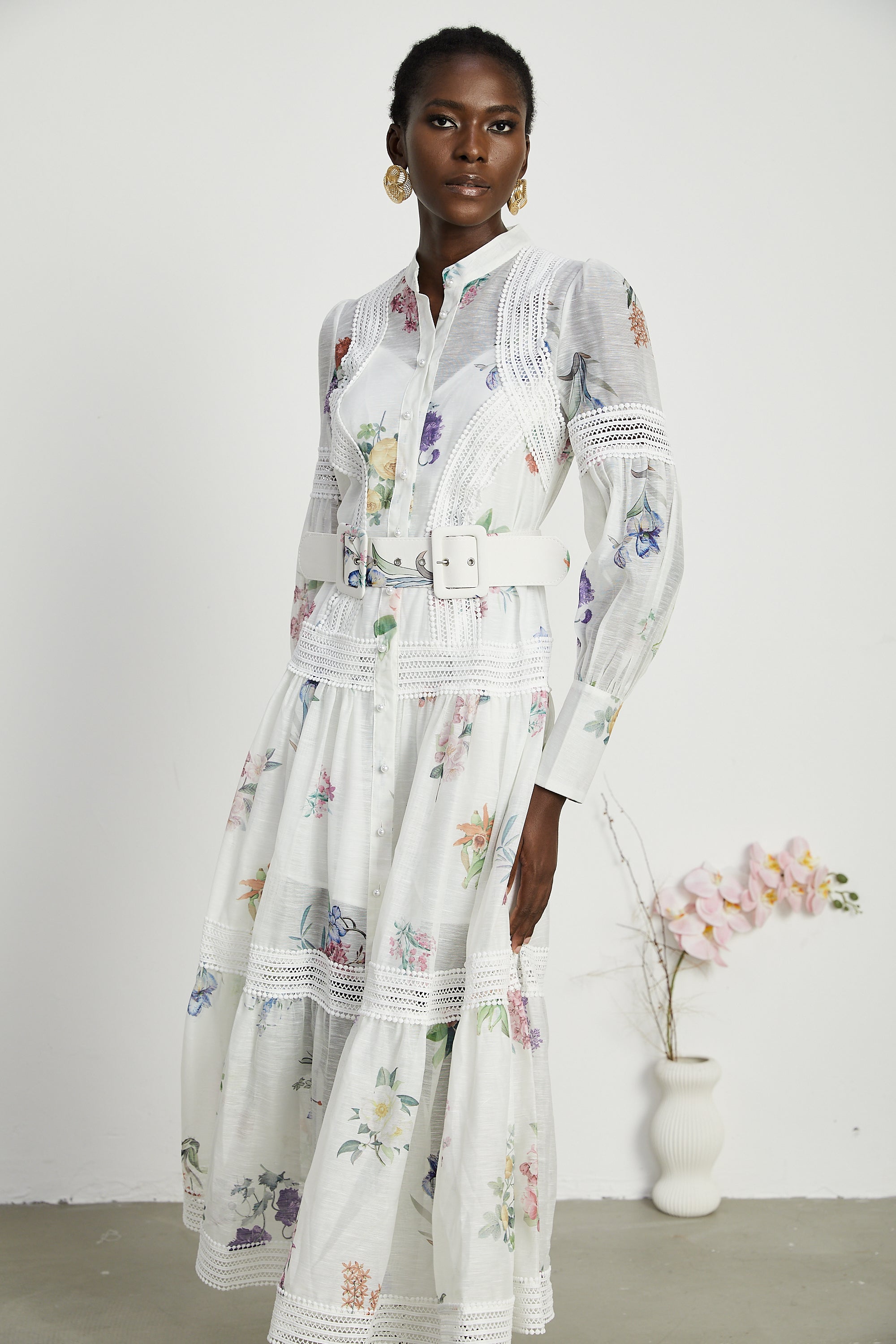 Thaïs white belted floral-print midi dress