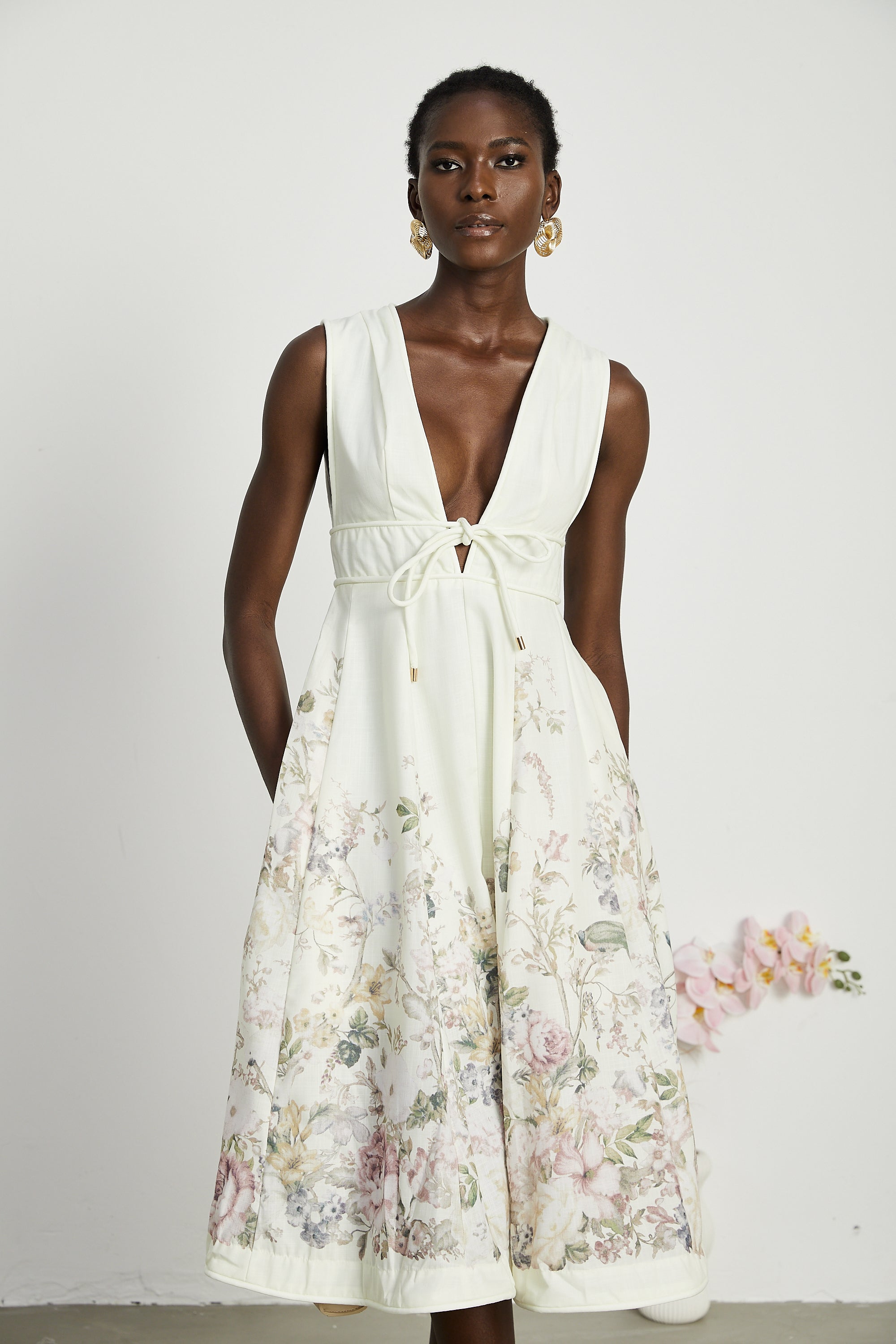 Sonia floral-print sleeveless midi dress in White
