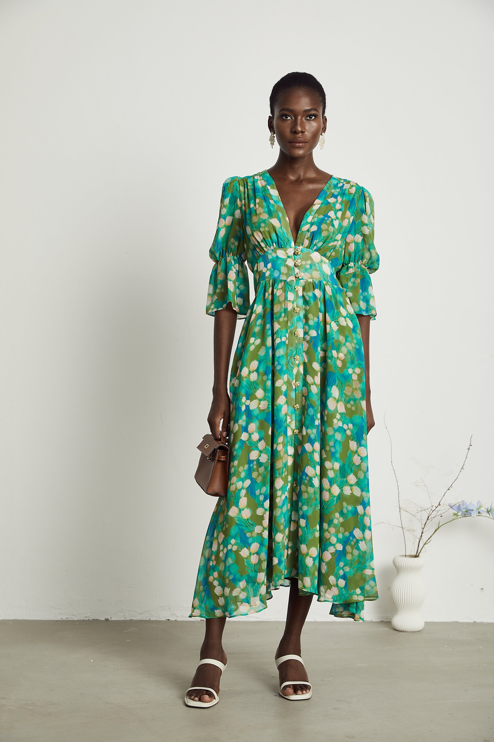 Perrine green floral-print midi dress