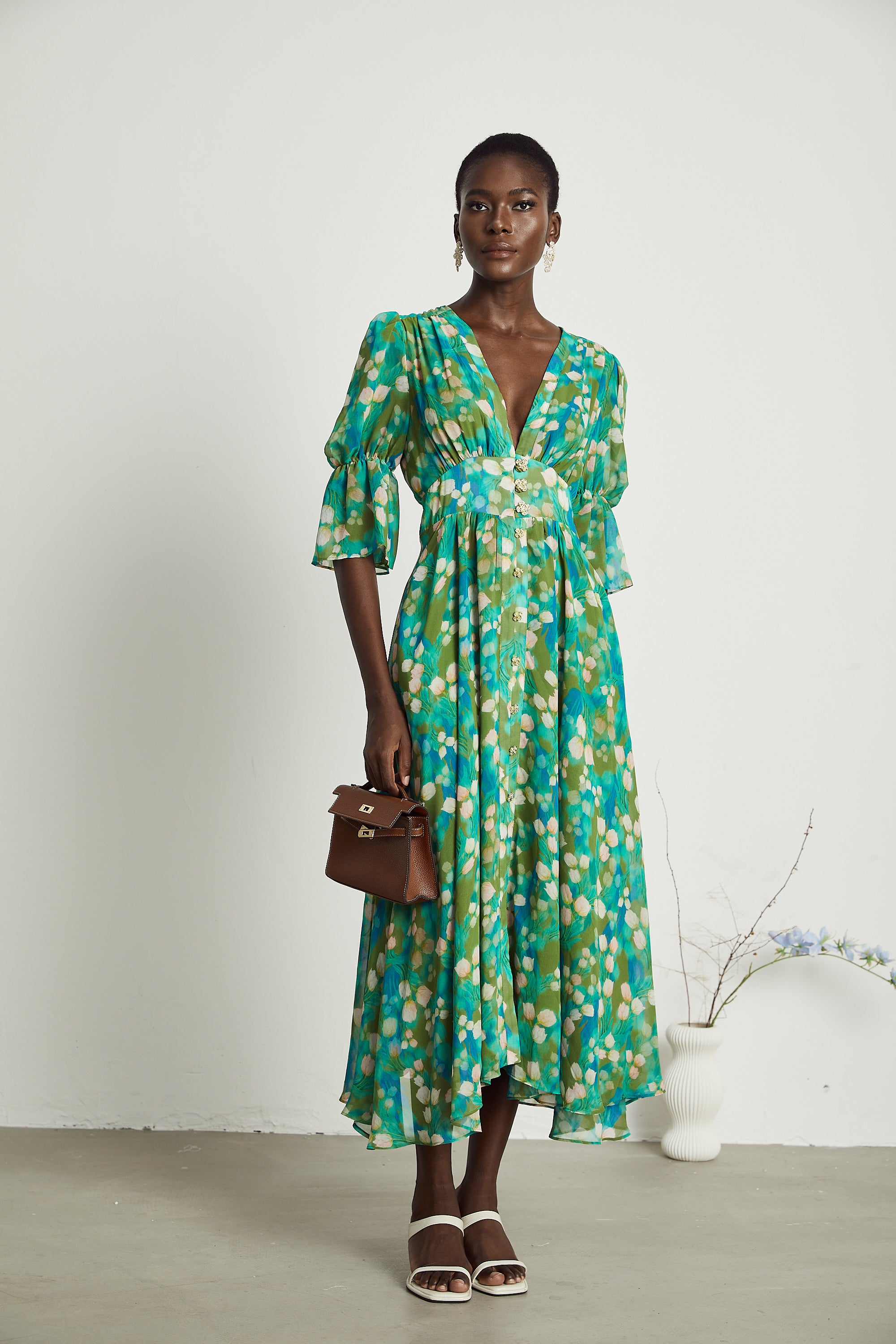 Perrine green floral-print midi dress