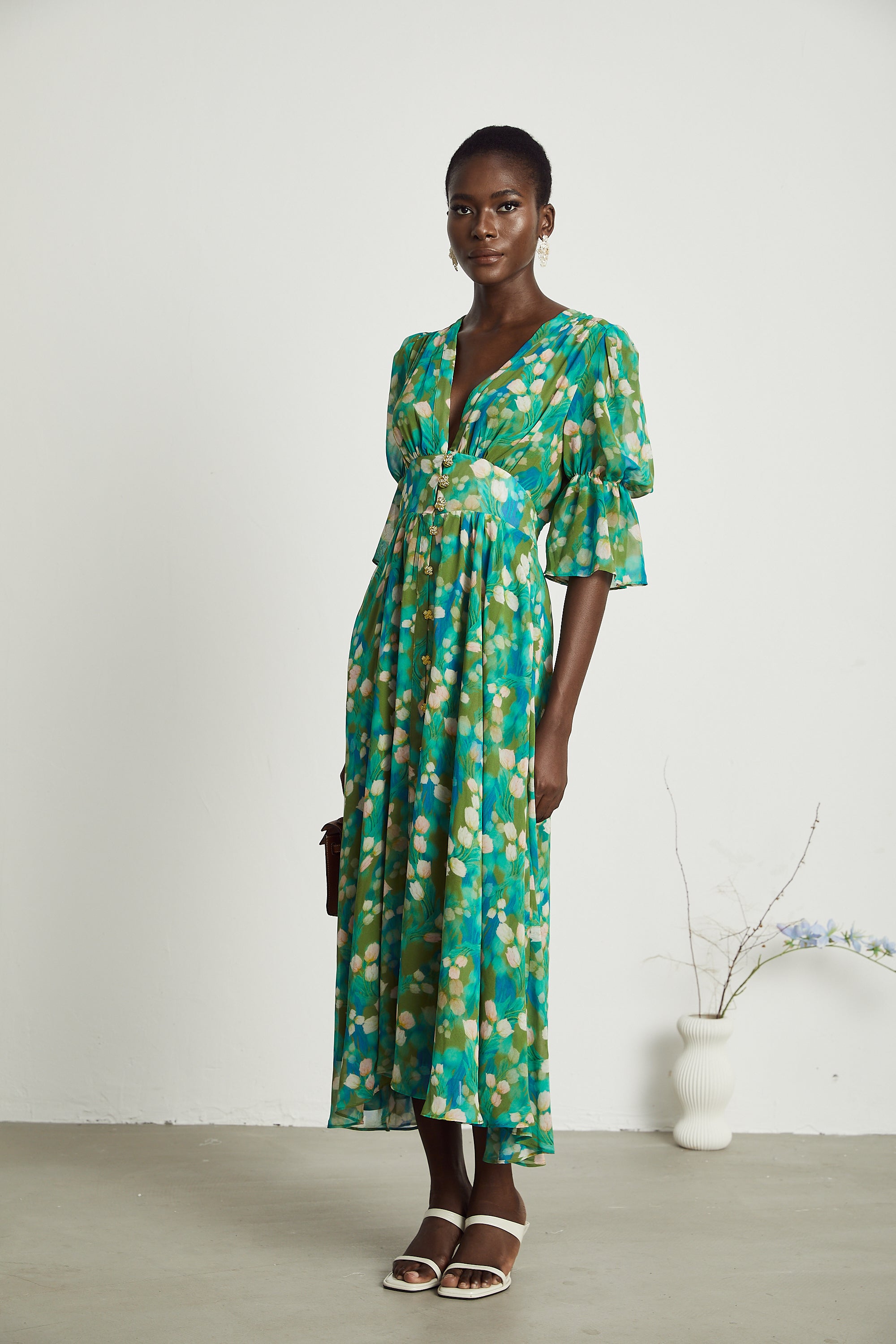 Perrine green floral-print midi dress