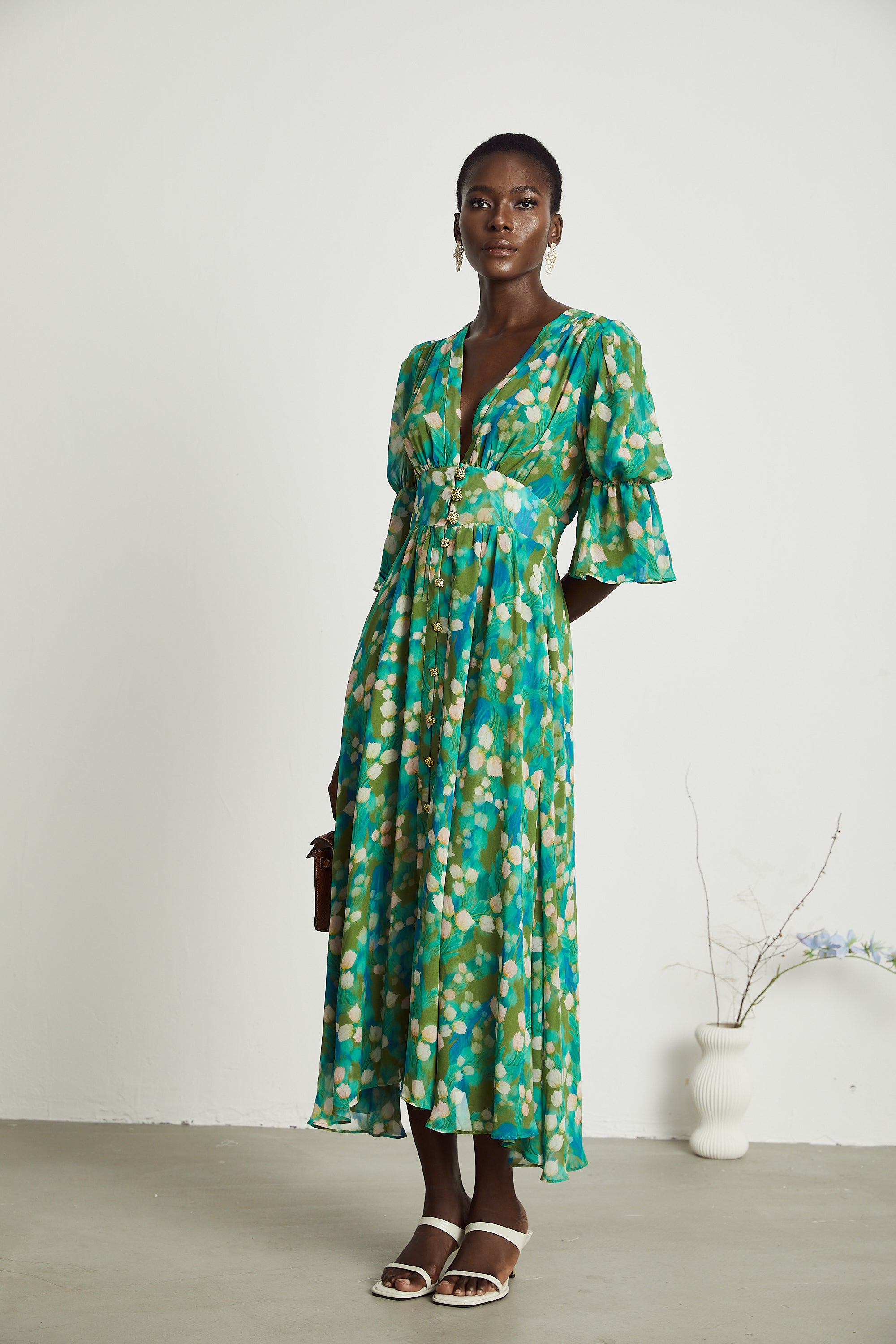 Perrine green floral-print midi dress