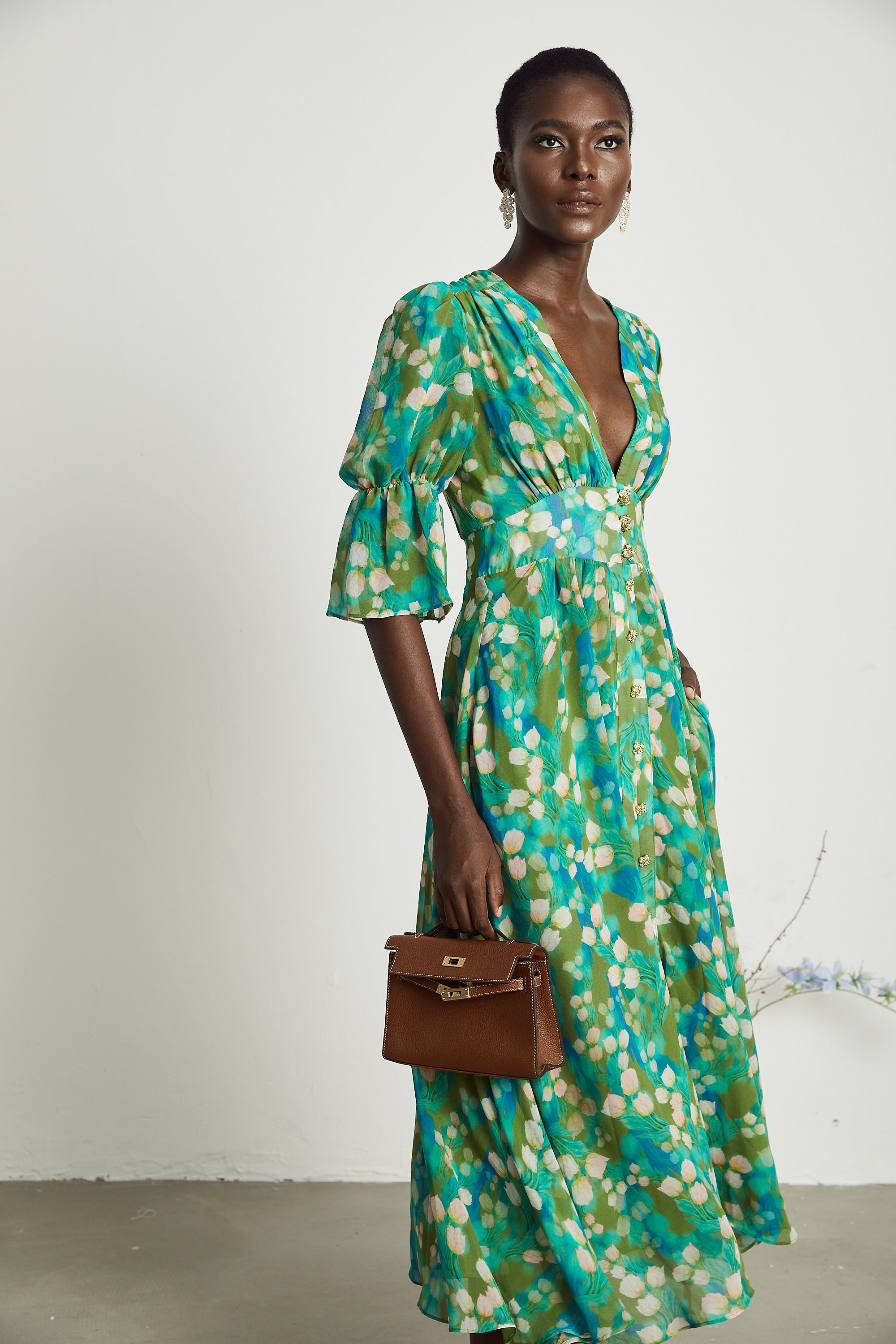 Perrine green floral-print midi dress