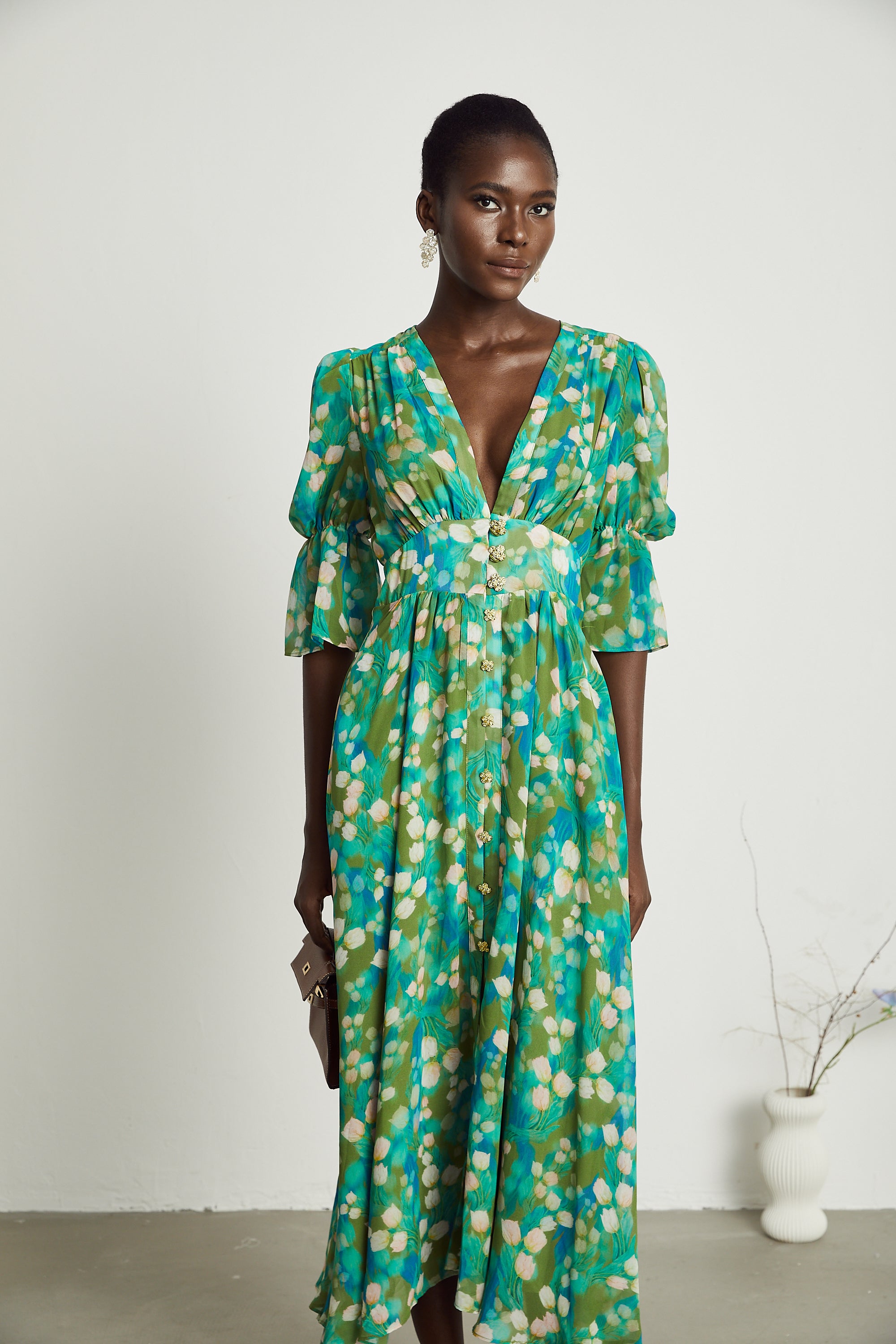 Perrine green floral-print midi dress