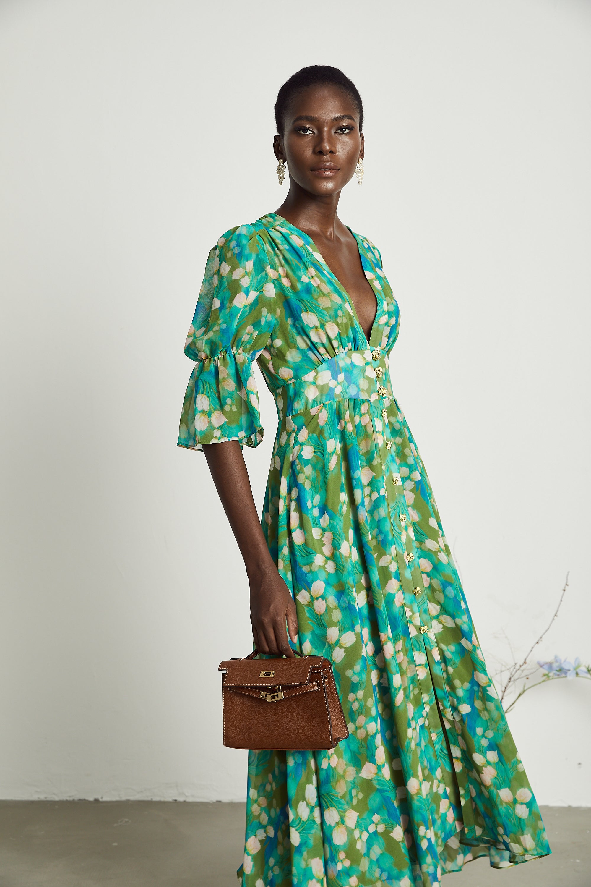 Perrine green floral-print midi dress