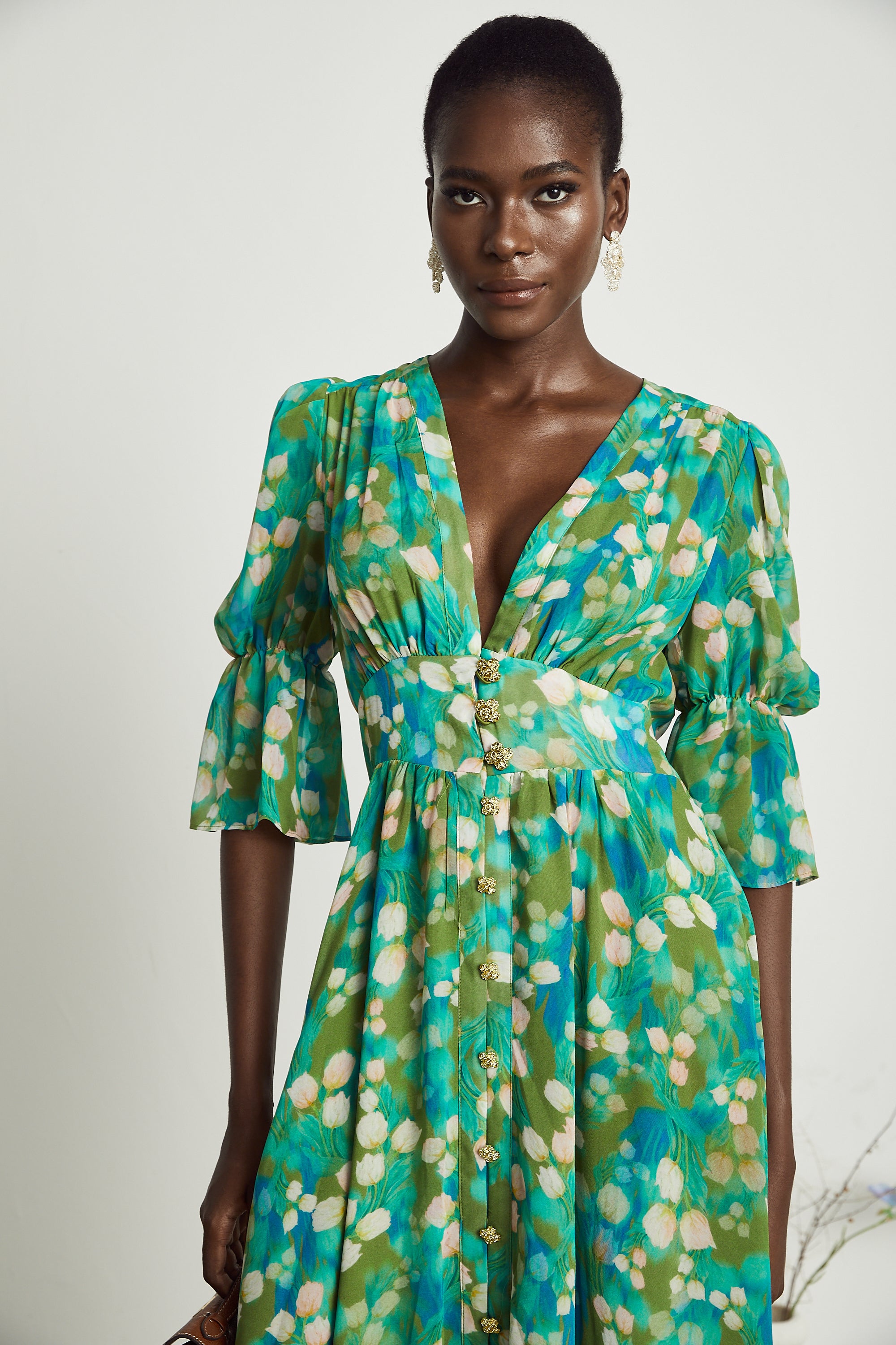 Perrine green floral-print midi dress