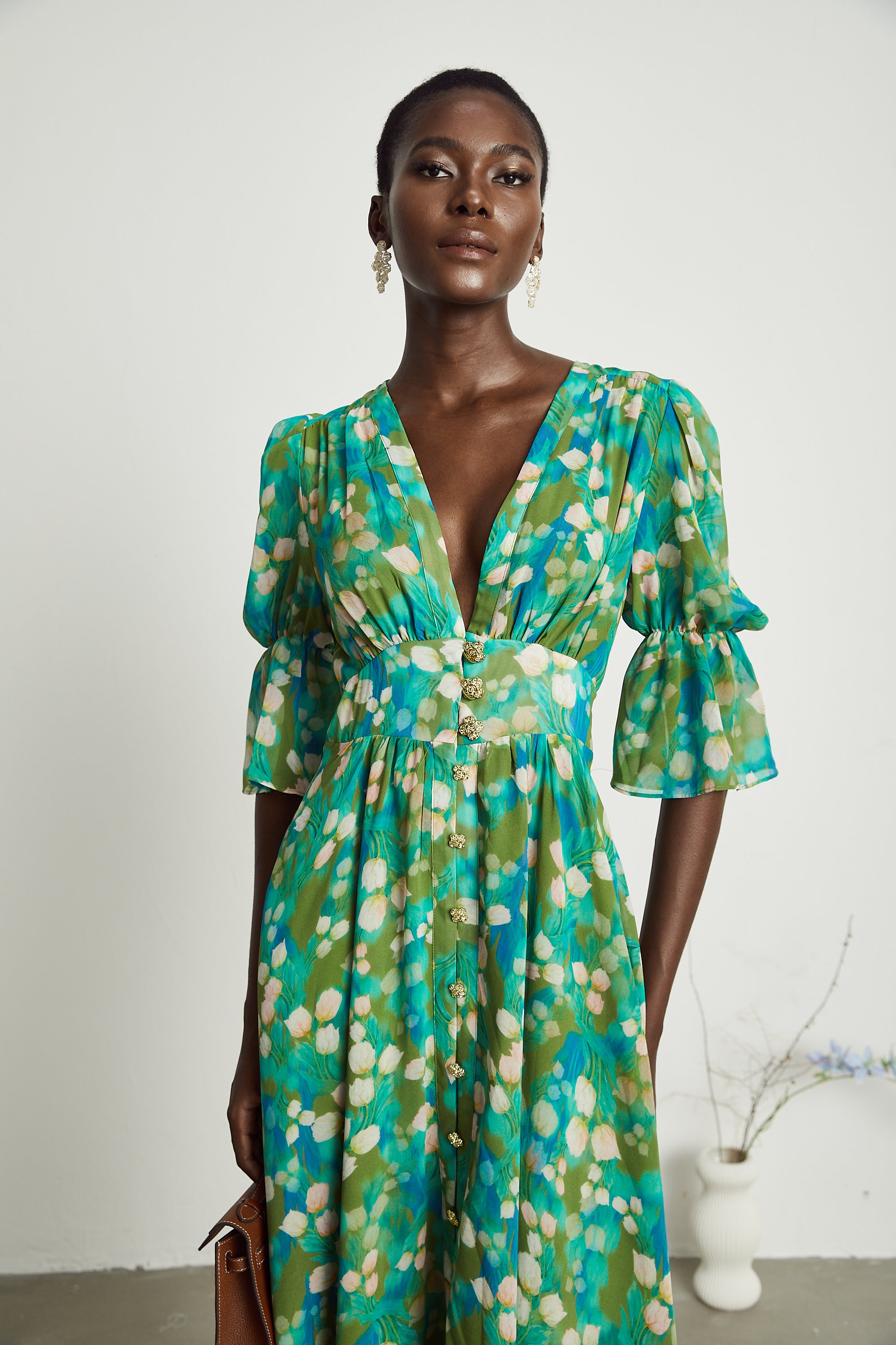 Perrine green floral-print midi dress