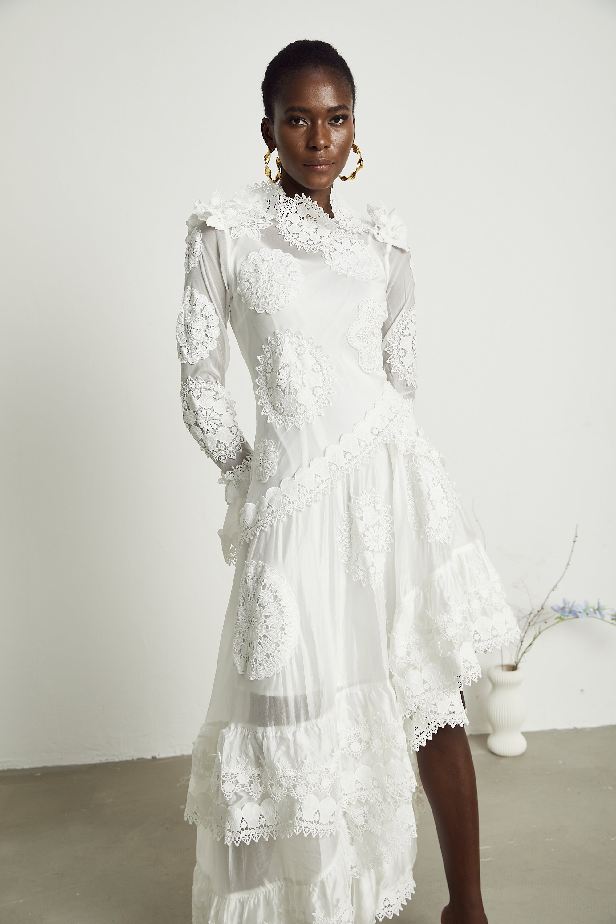 Renée lace floral embroideried semi-sheer midi dress
